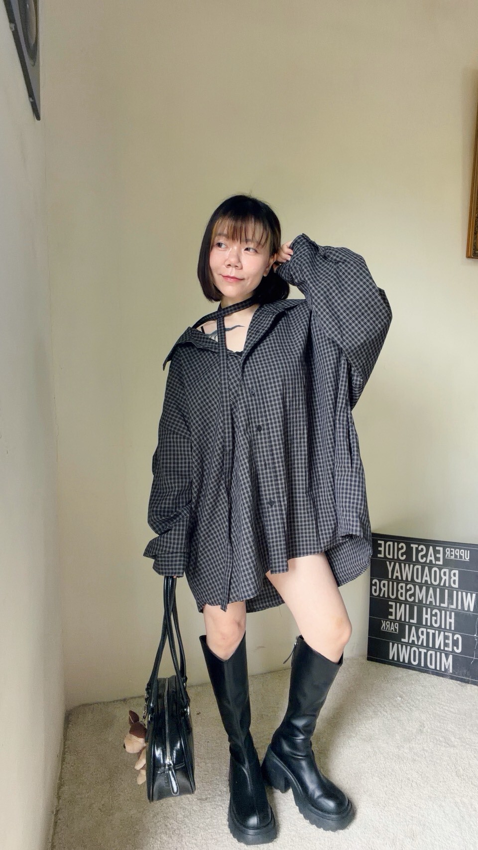 格紋附綁帶口袋襯衫