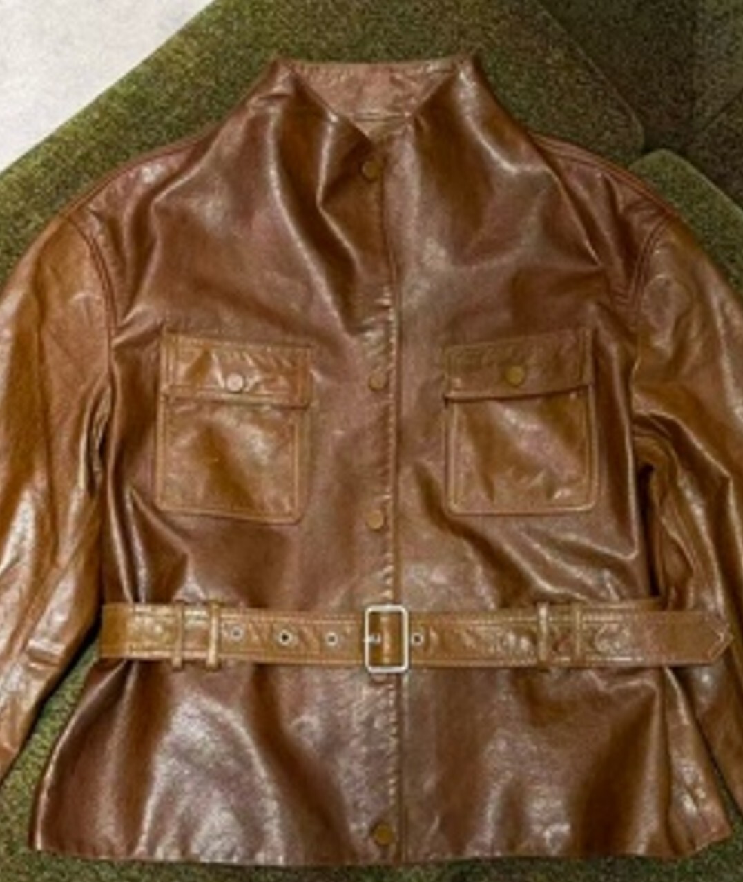A63c 522DW97 純色企領口袋皮外套(連腰帶) - 啡色(蜜蠟皮)