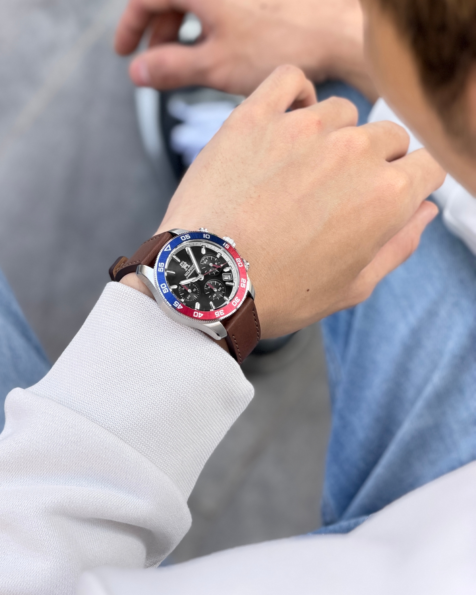 Tommy Hilfiger 黑錶盤 咖啡錶帶 三眼 手錶 男錶