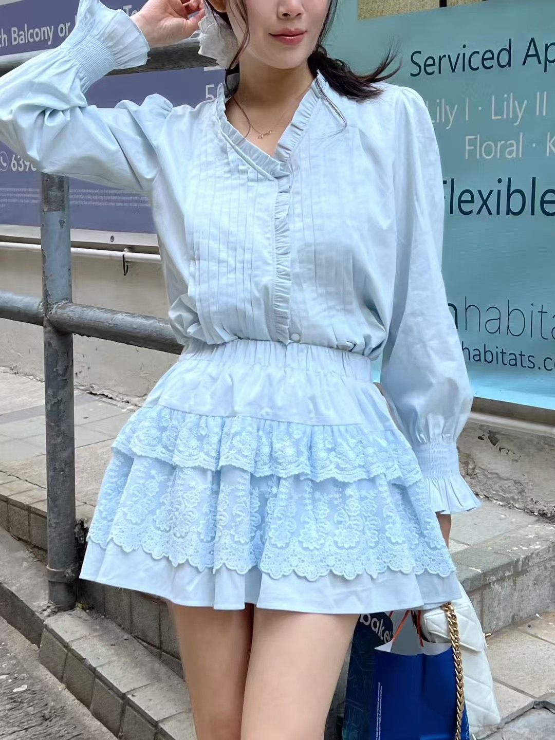 折紋傘擺V領襯衫 蕾絲短裙(分售)