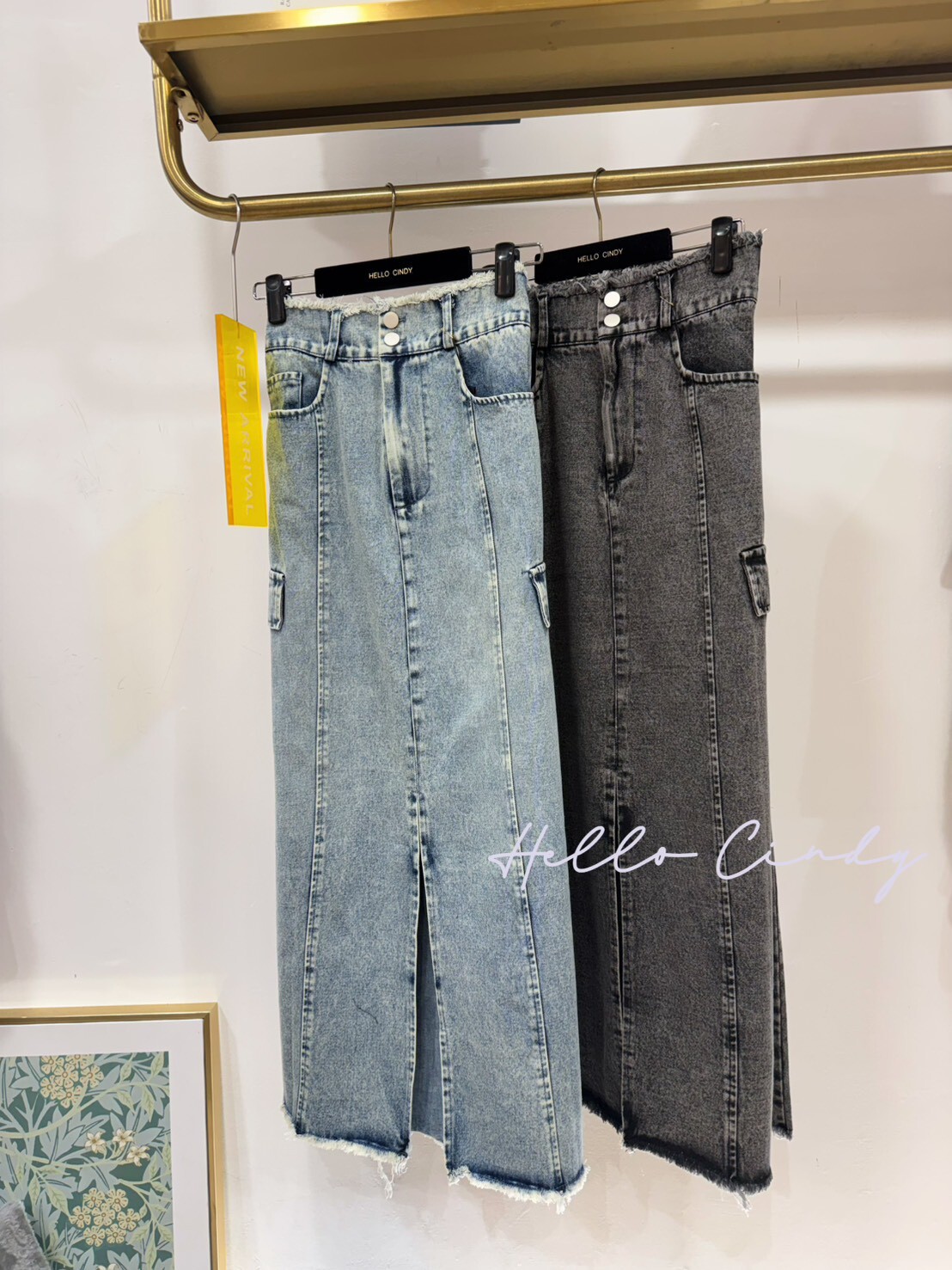 B02085 超顯瘦A字牛仔側口袋工裝長裙