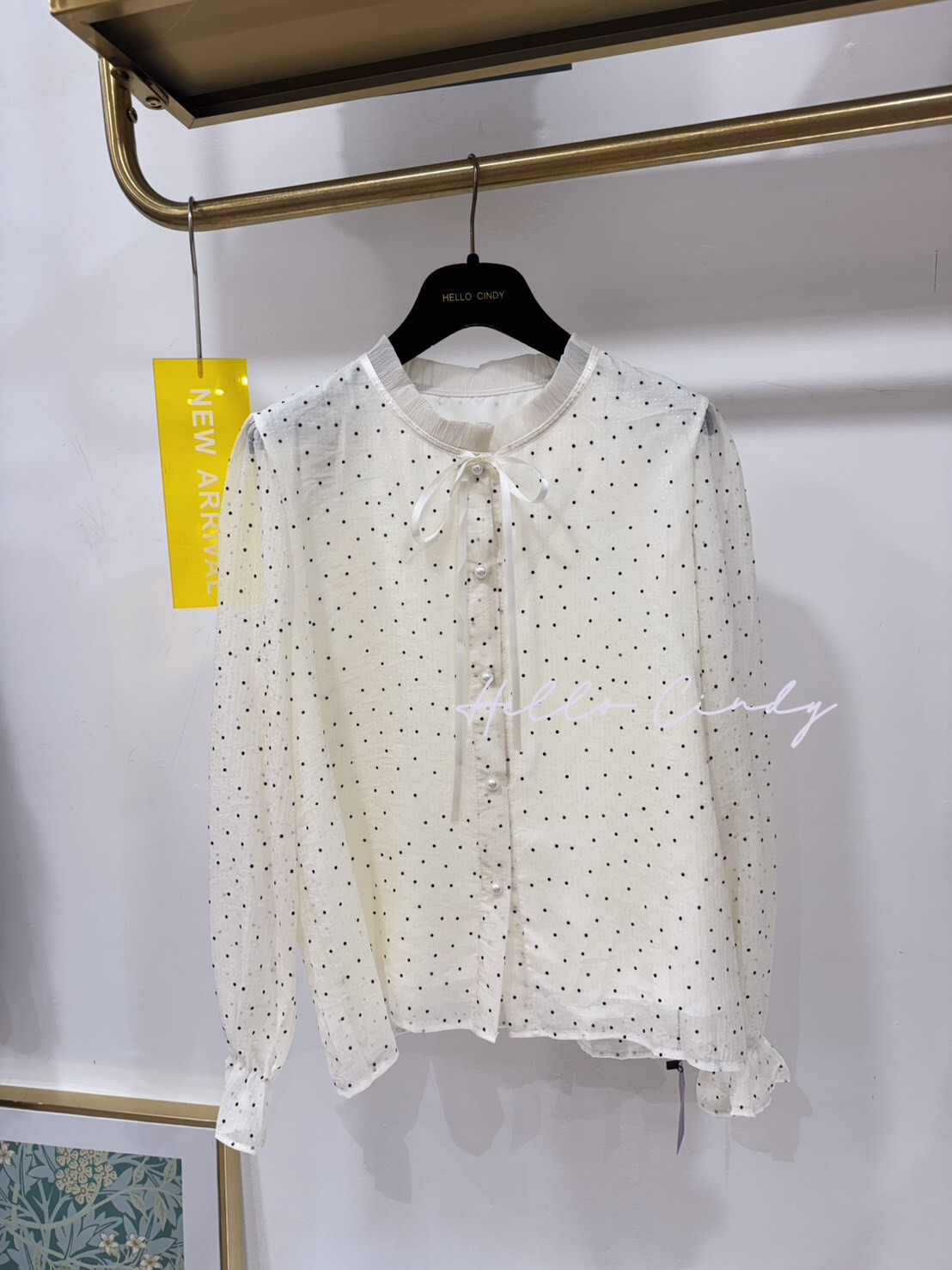 B02063  超甜美好搭的黑色水玉點點雪紡上衣