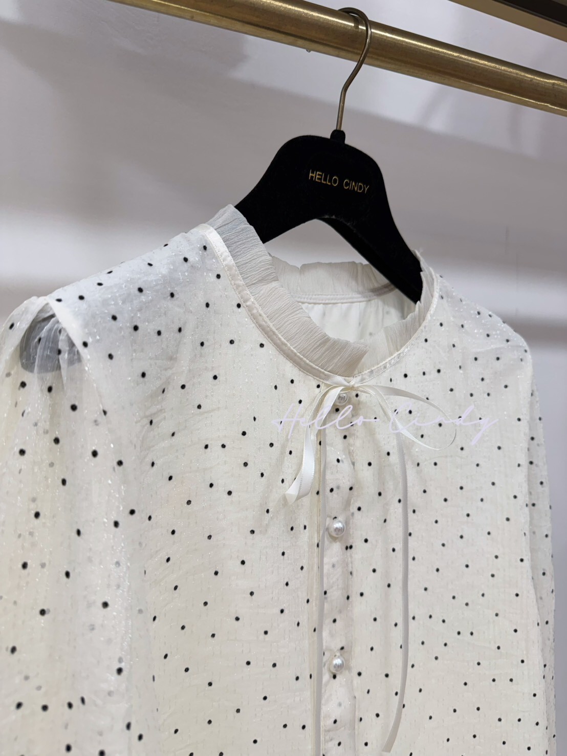 B02063  超甜美好搭的黑色水玉點點雪紡上衣