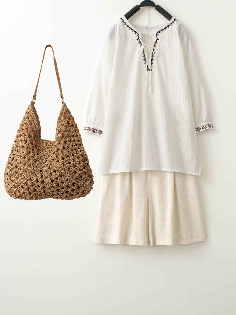 棉麻感立領綁帶繡花上衣棉麻五分短褲組合