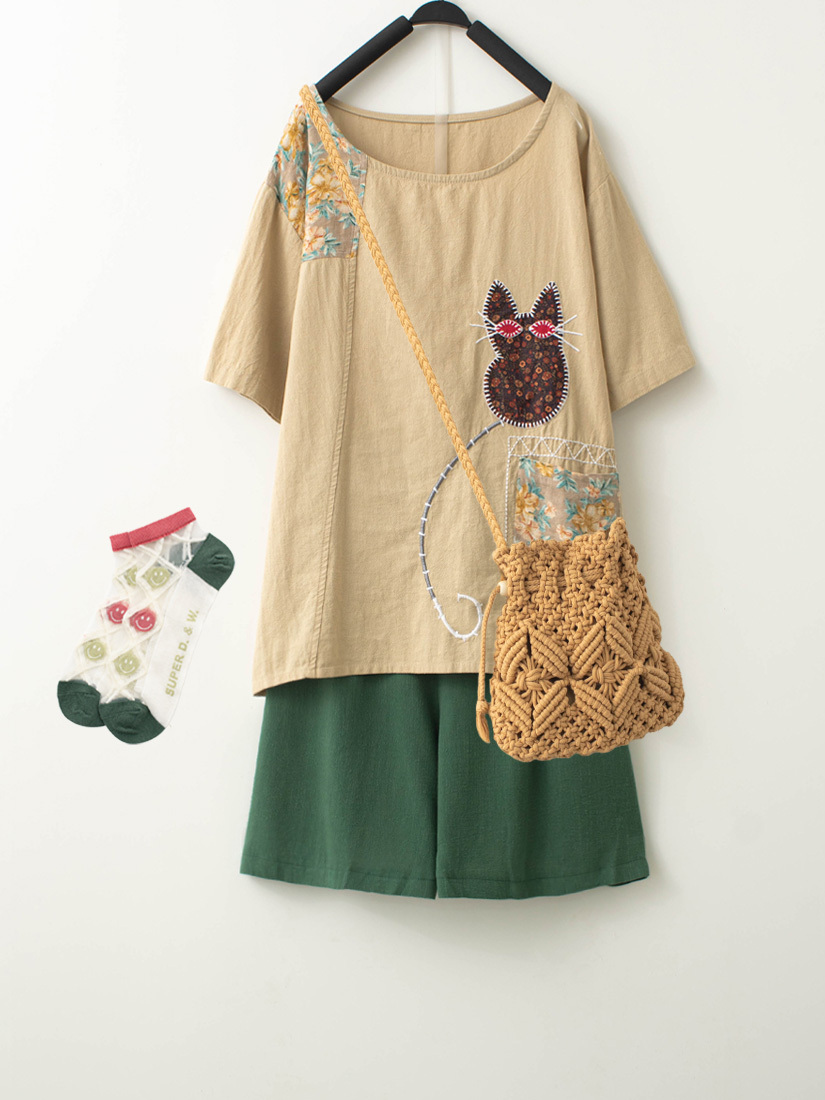 拼布小貓口袋棉麻感上衣棉麻五分短褲組合