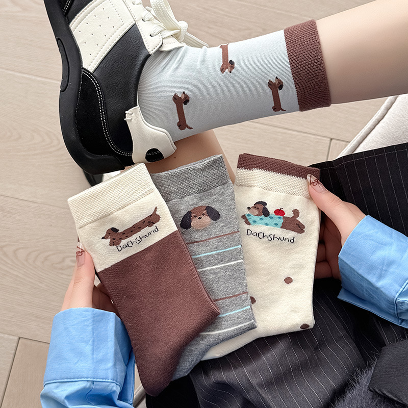 《03022》藍咖色系臘腸狗狗襪子