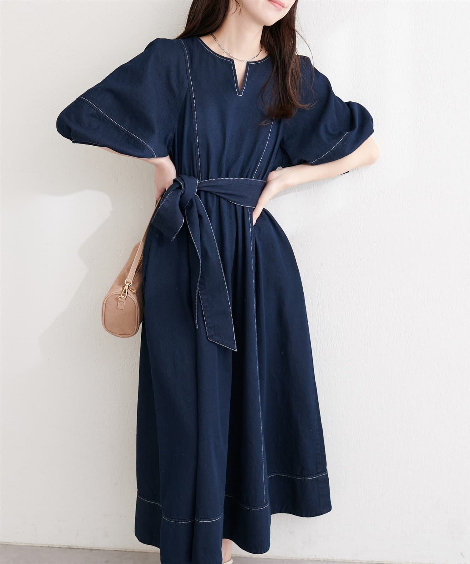 natural couture(ナチュラルクチュール)  【累計販売数3万枚突破】【全骨格優勝】ランタンスリーブワンピース深藍M（0361090300）