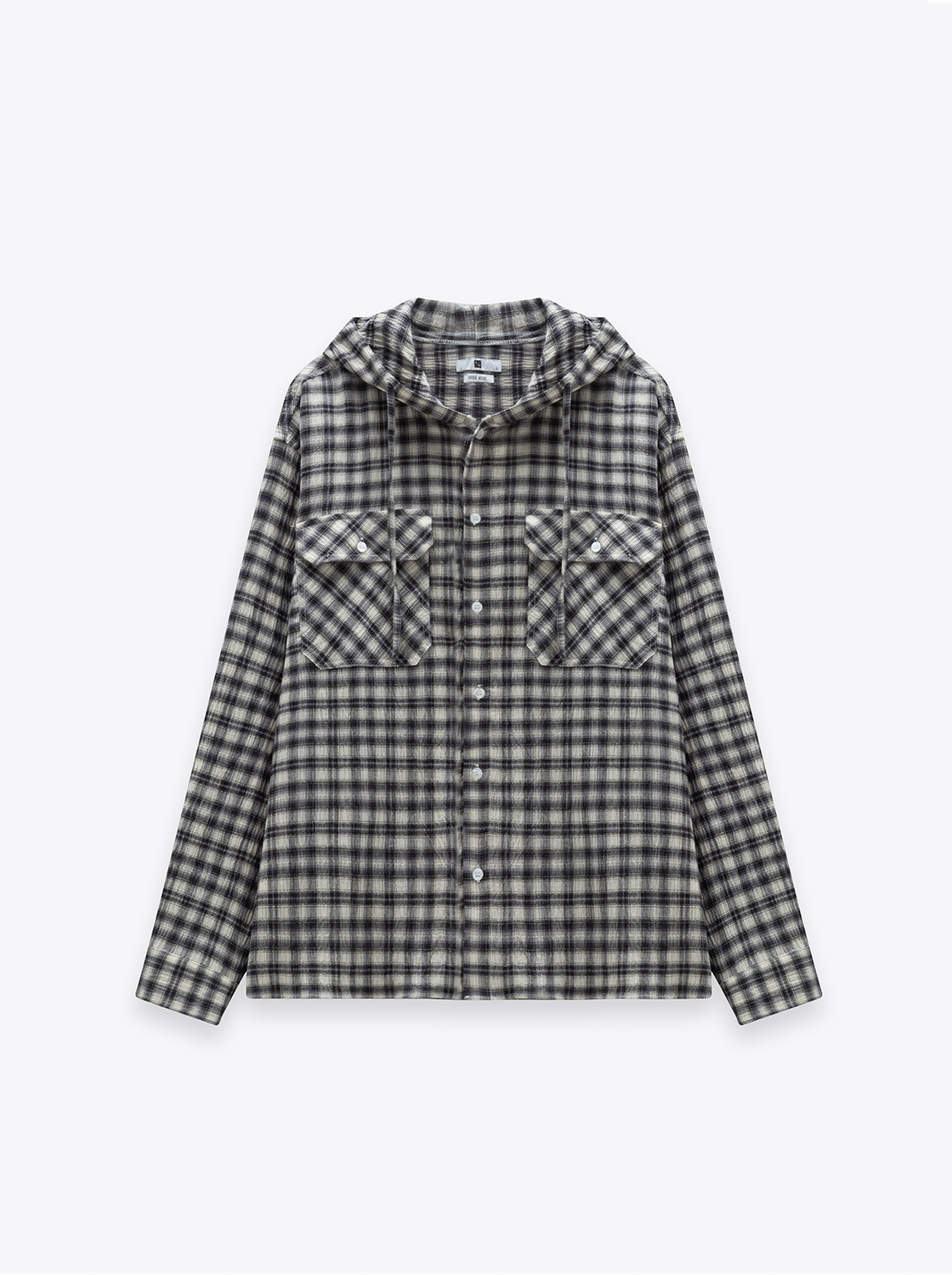 泡泡肌理連帽格子襯衫