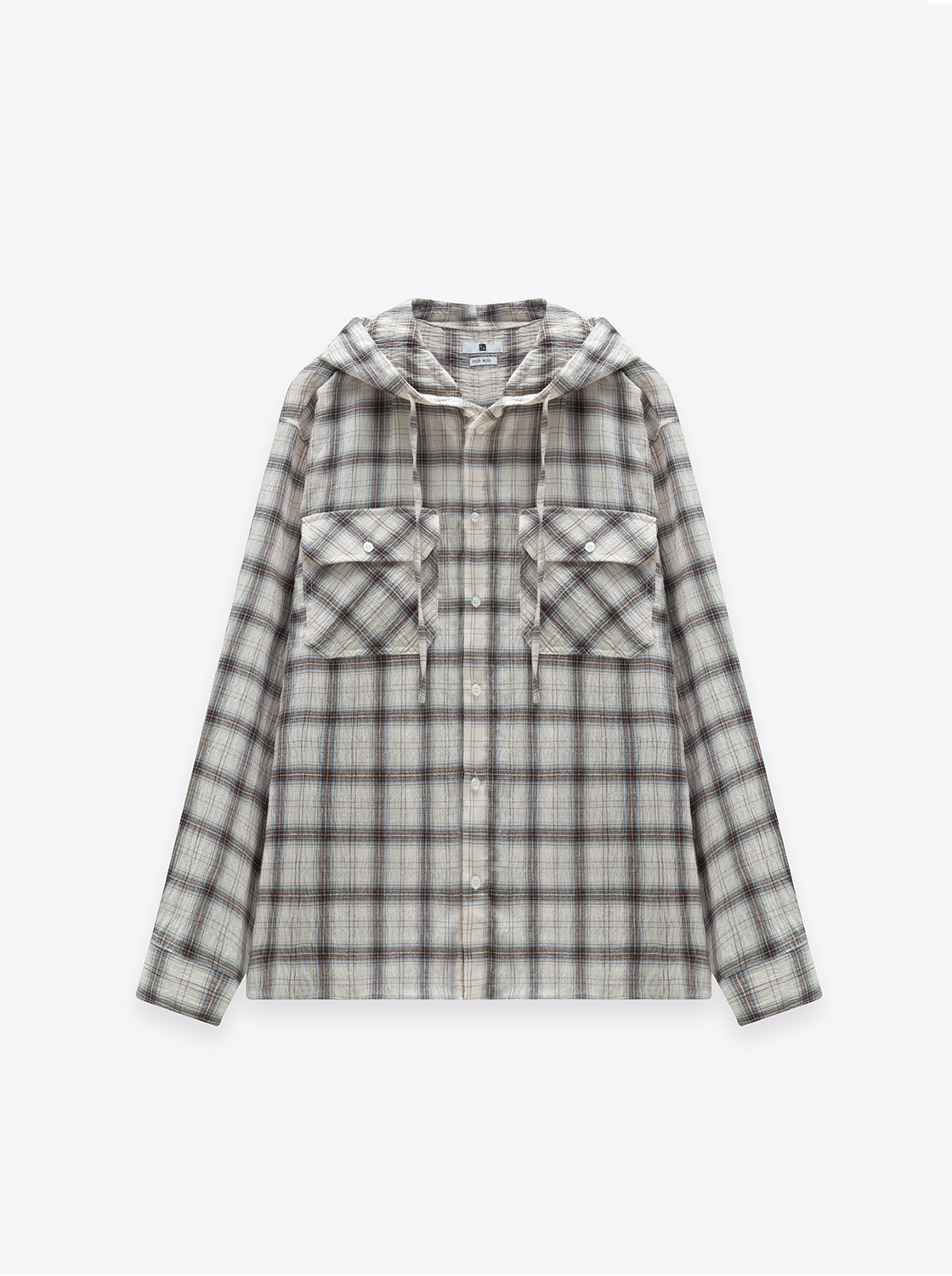 泡泡肌理連帽格子襯衫