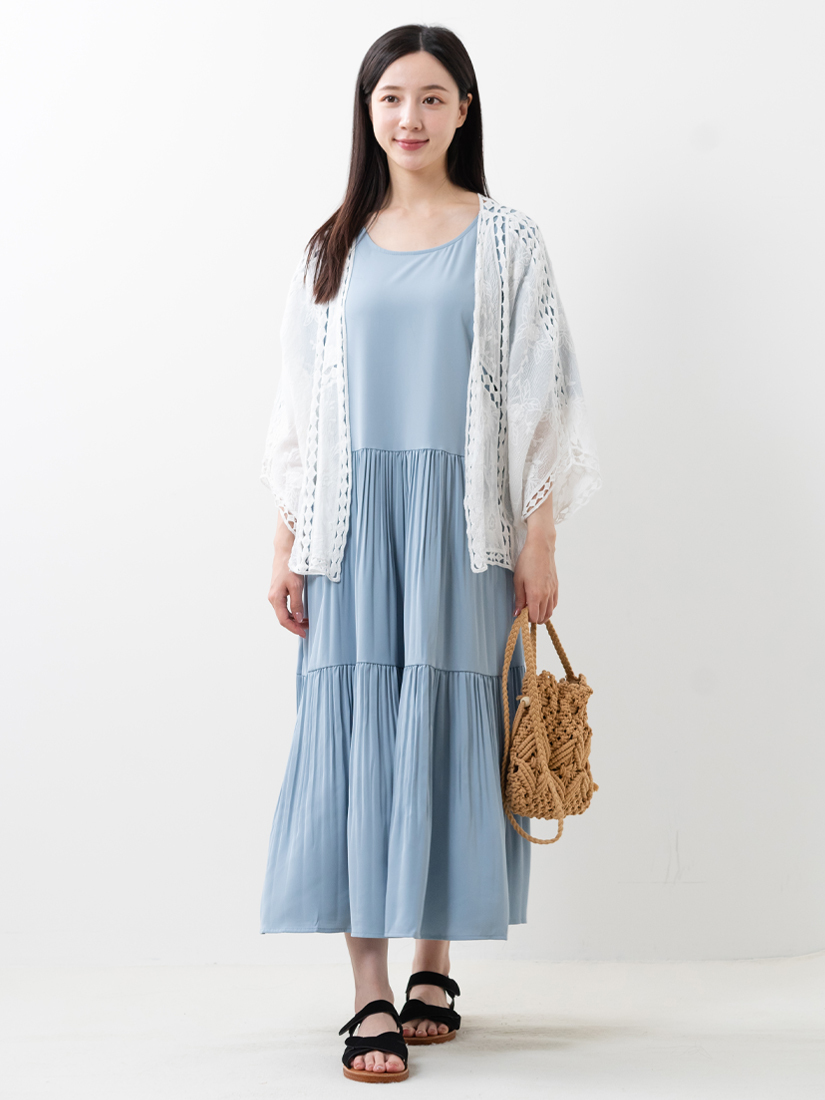 棉繡花簍空編織罩衫壓褶短袖長洋裝組合