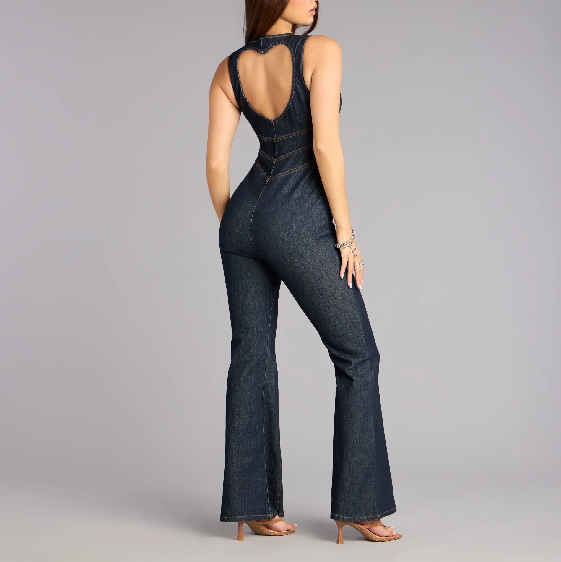 Dark Denim深單寧色愛心露背連身長褲