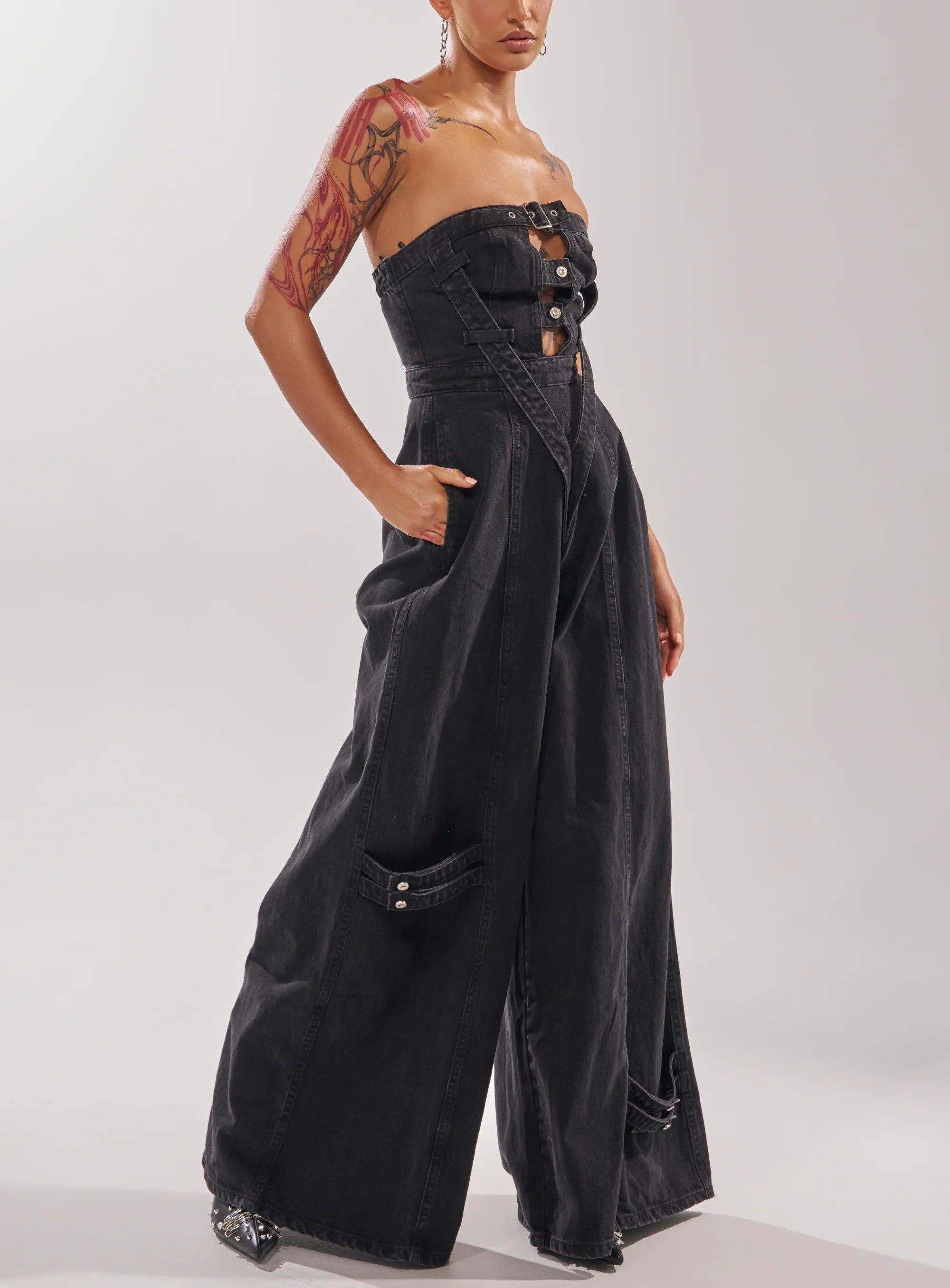 Black Denim黑色腰帶飾Cutout牛仔連身長寬褲 Jumpsuit