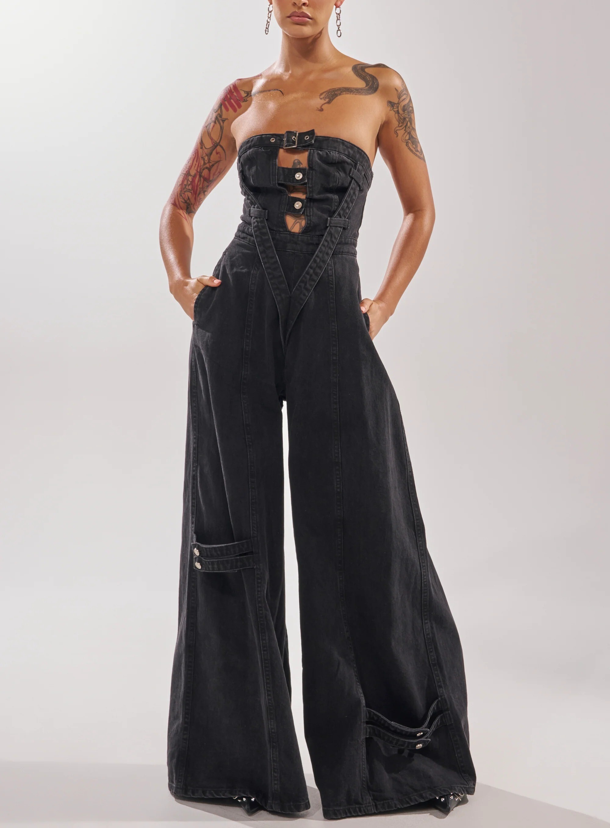 Black Denim黑色腰帶飾Cutout牛仔連身長寬褲 Jumpsuit