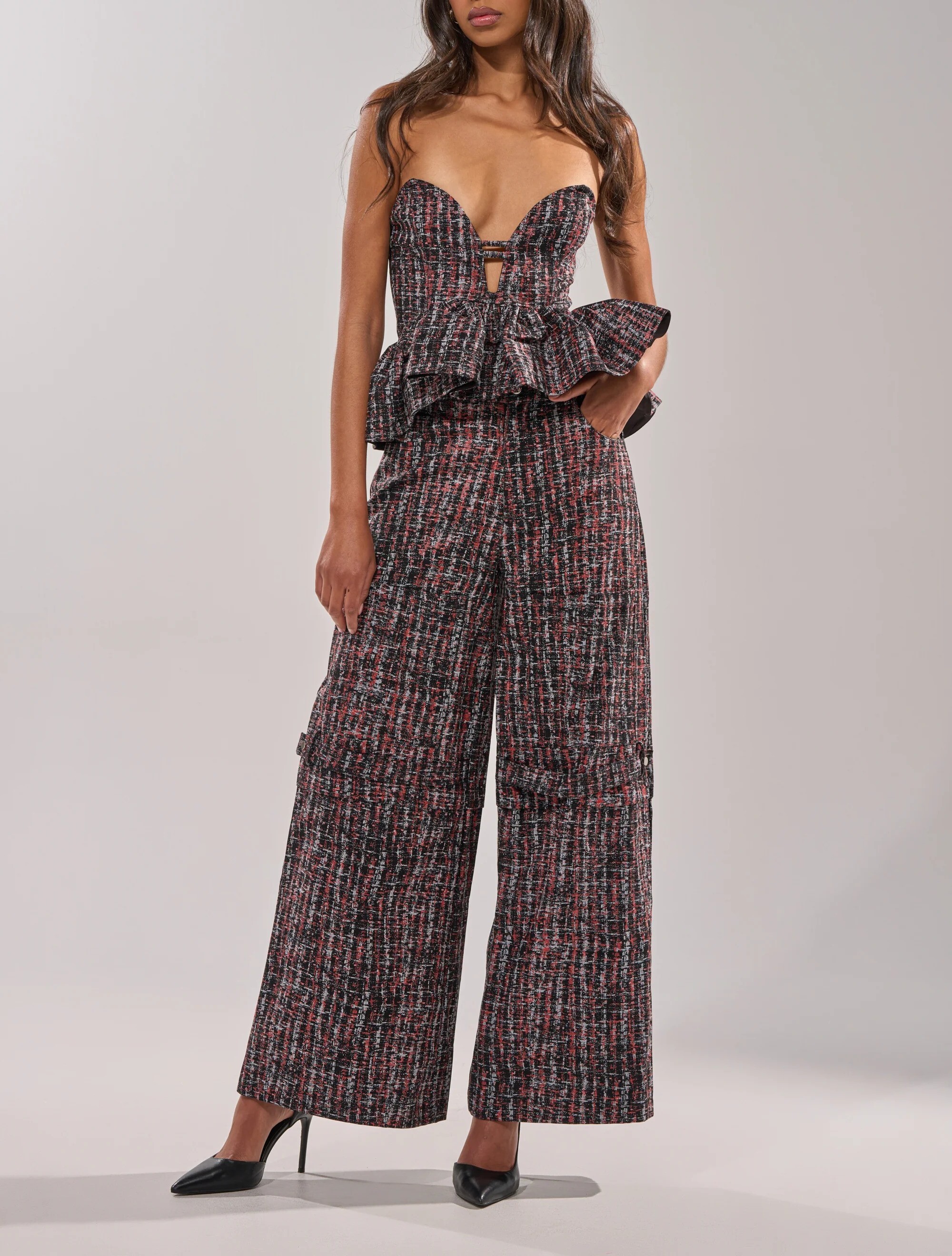 Pink Black粉紅黑色毛呢飾帶長寛褲