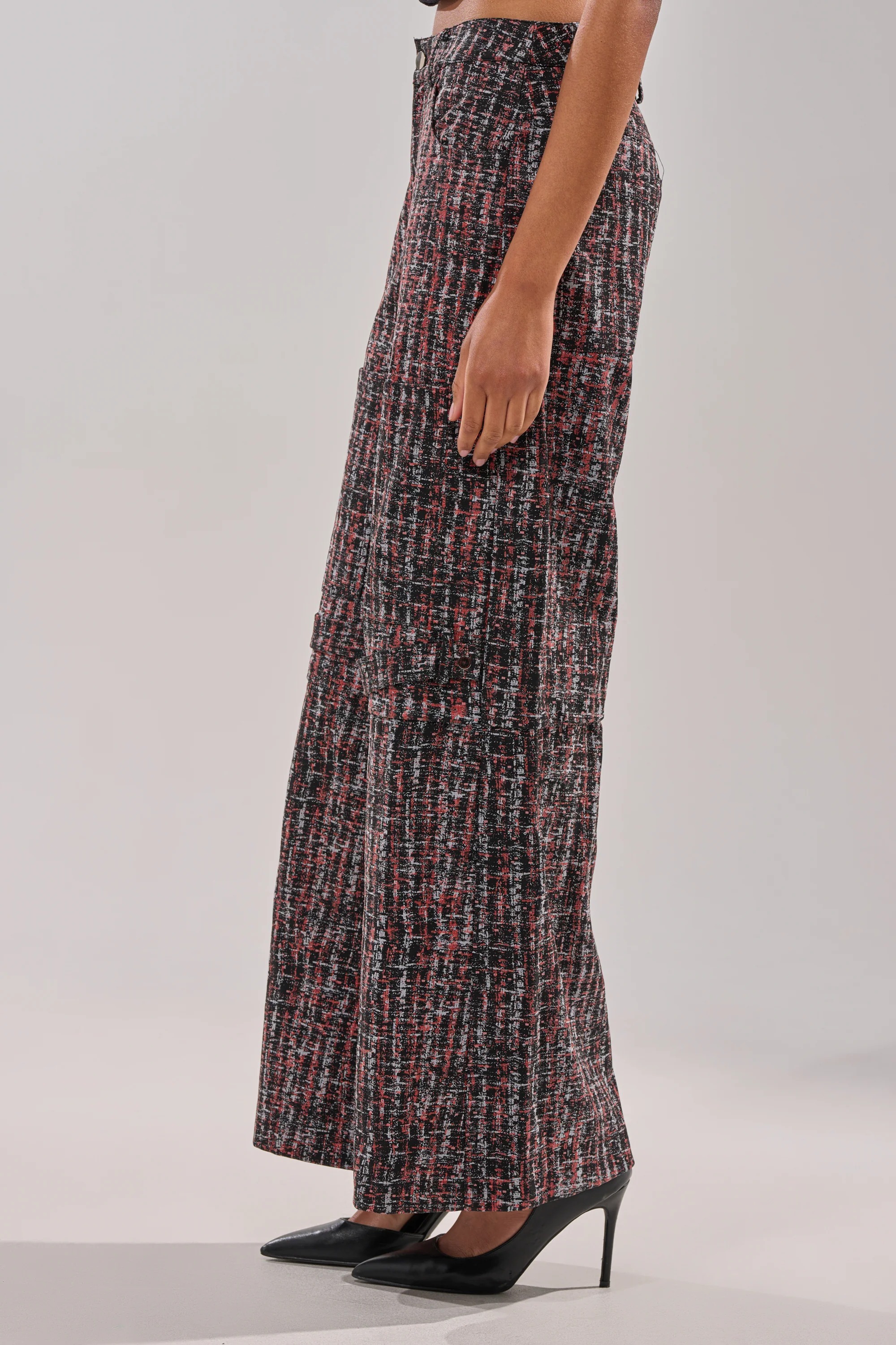 Pink Black粉紅黑色毛呢飾帶長寛褲