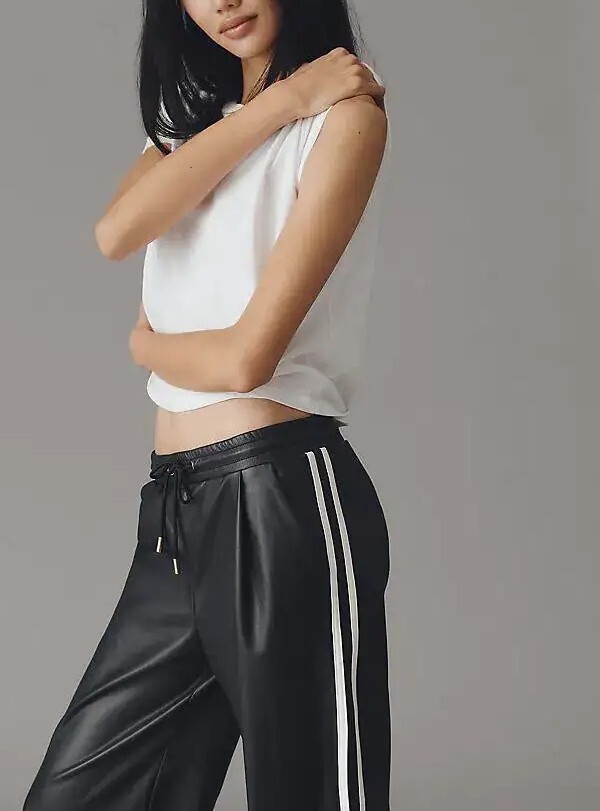 USA黑色運動白線條 Vegan綁帶皮褲