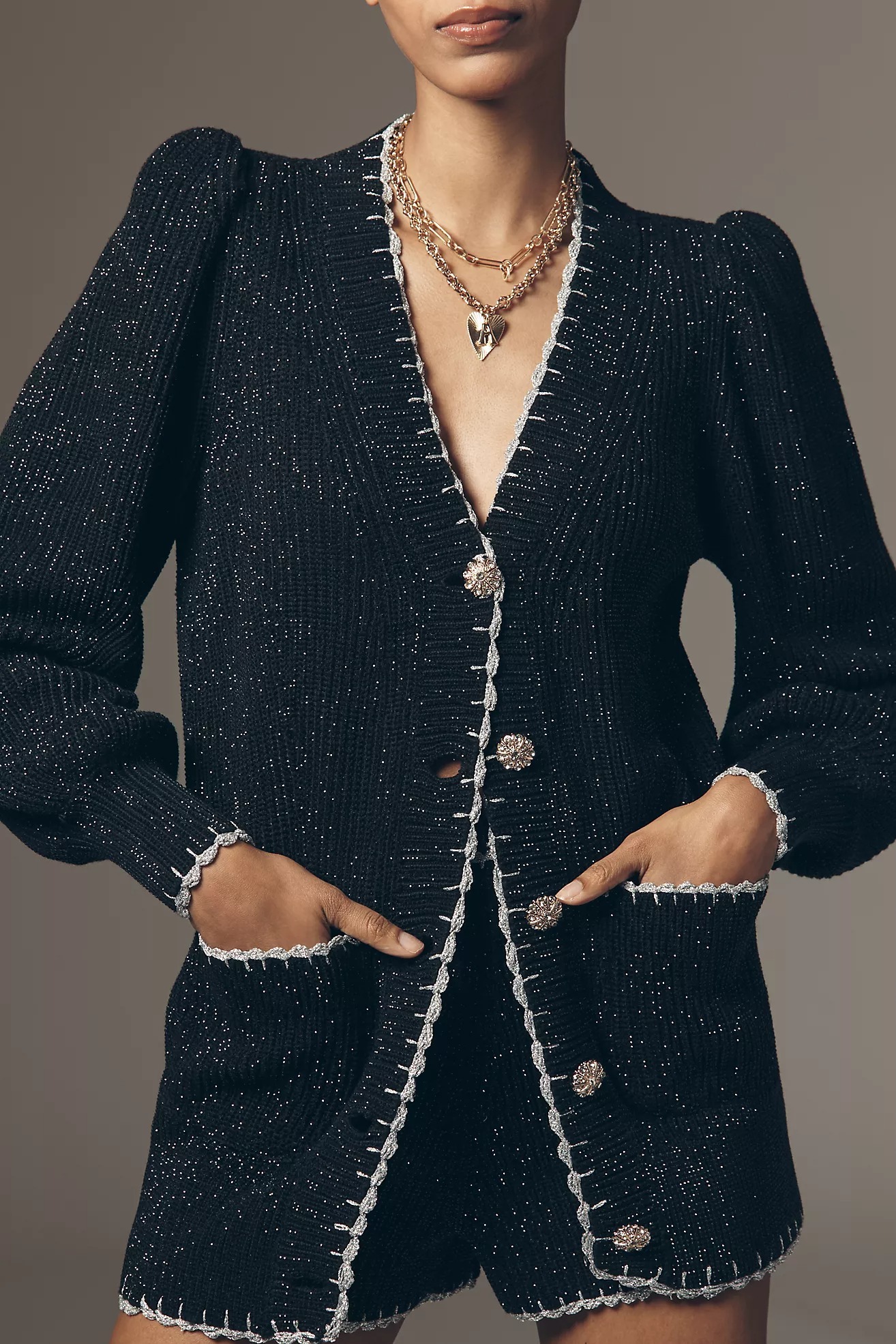 Sugar Sugar黑色水鑽鈕扣銀飾邊燙鑽針織外套