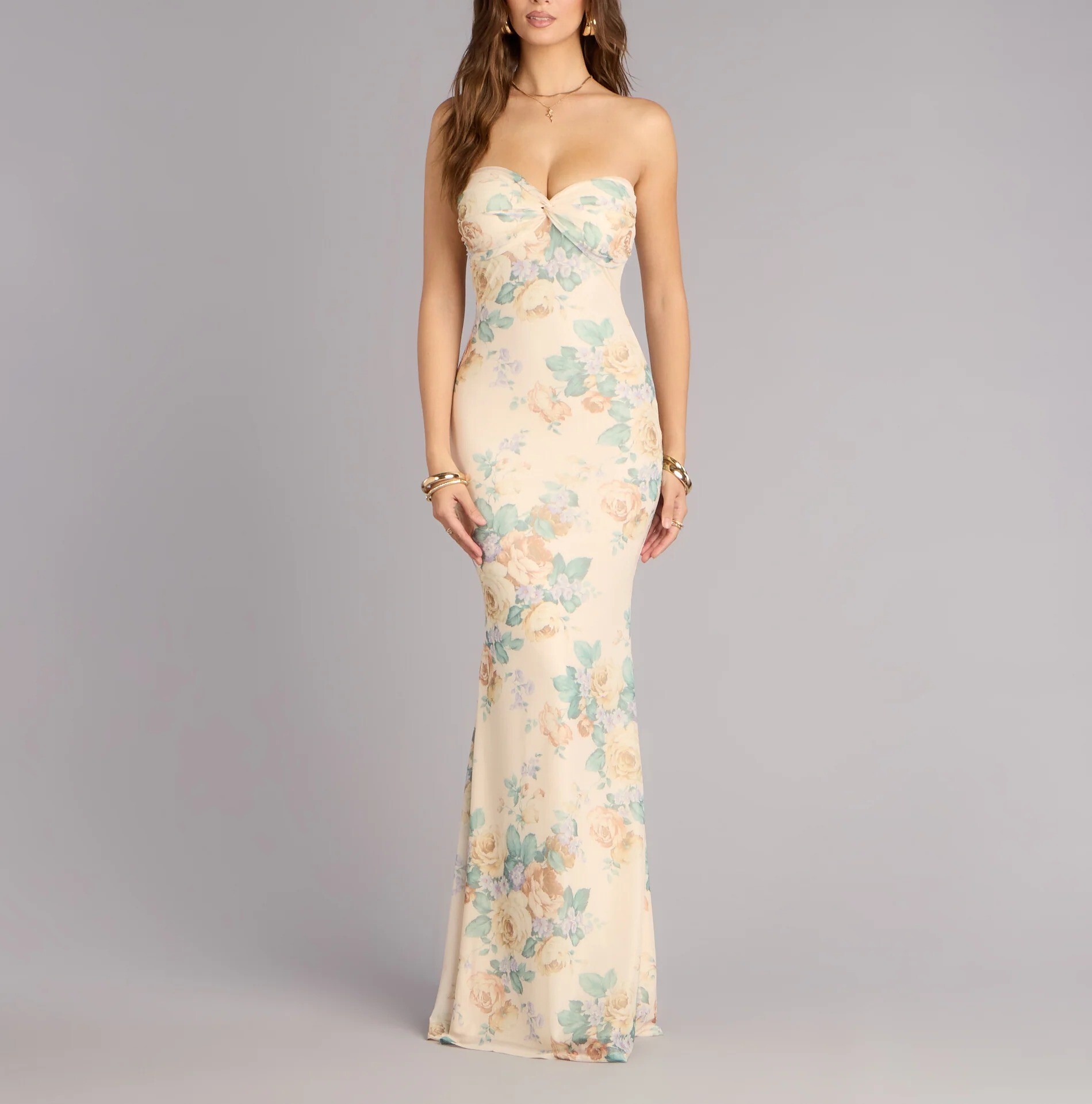 lvoey米白色花卉印花扭結桃心領人魚Dress