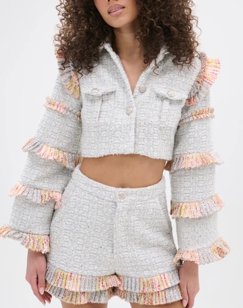 Light Blue淺冰灰色金屬絲炫彩荷葉飾邊短西裝外套 +高腰短褲套裝