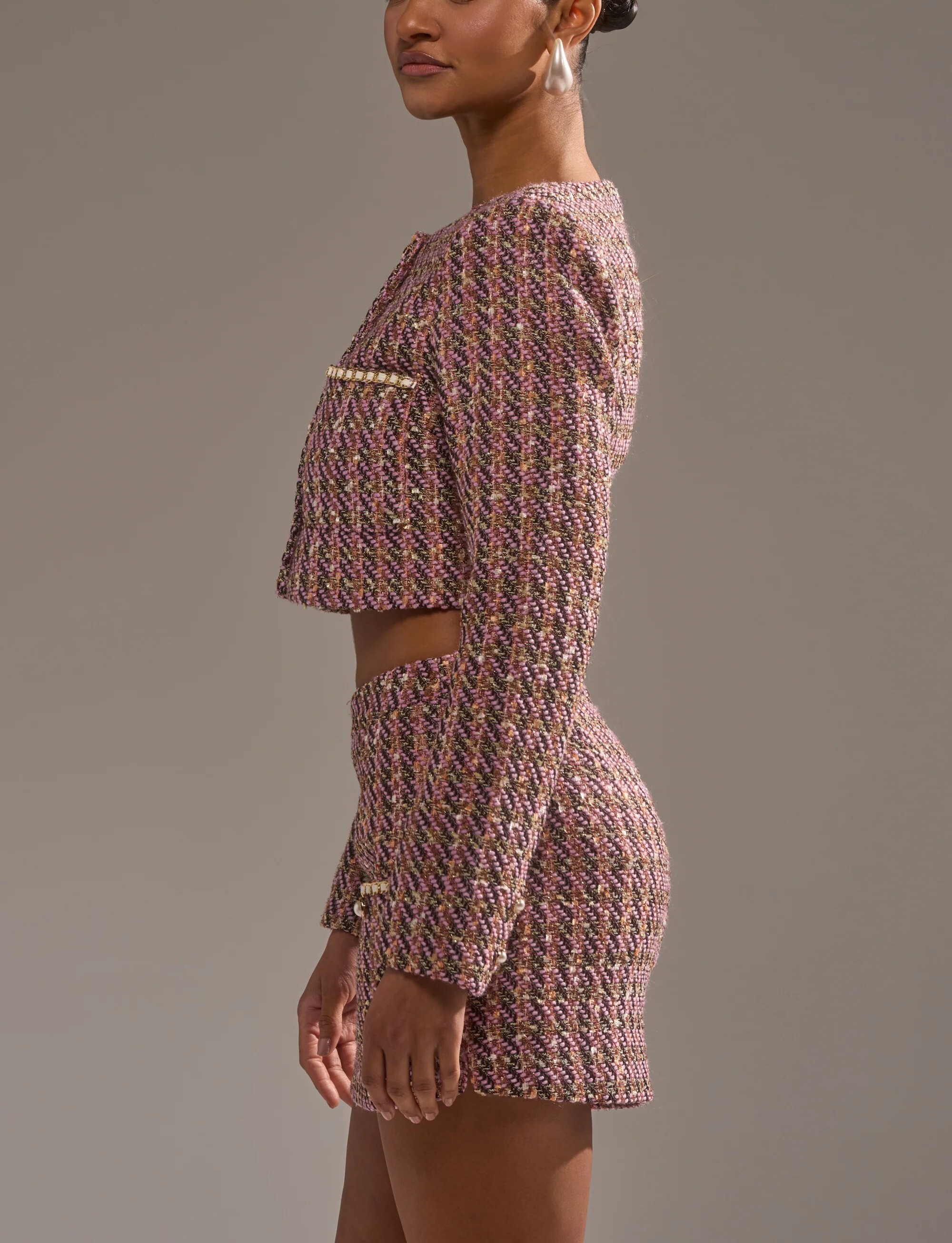 Pink Gold粉紅金蔥紗毛呢珍珠釦鍊外套+短裙套裝