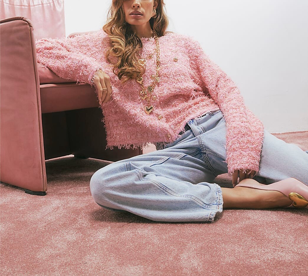 Pink Dream粉紅色織帶花紗金釦毛呢外套