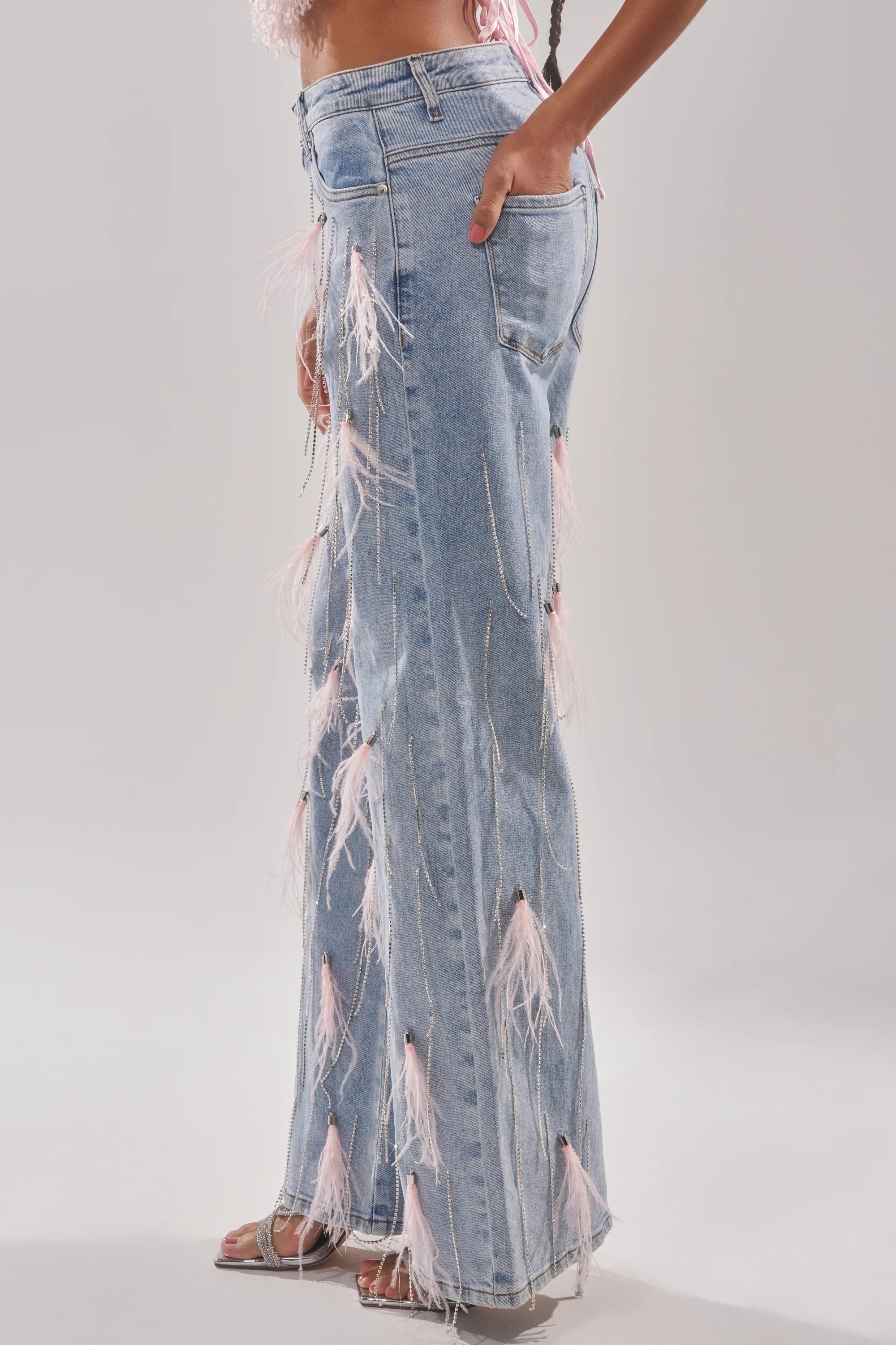 Pink Feather淺色丹寧粉紅羽毛水鑽流蘇牛仔褲