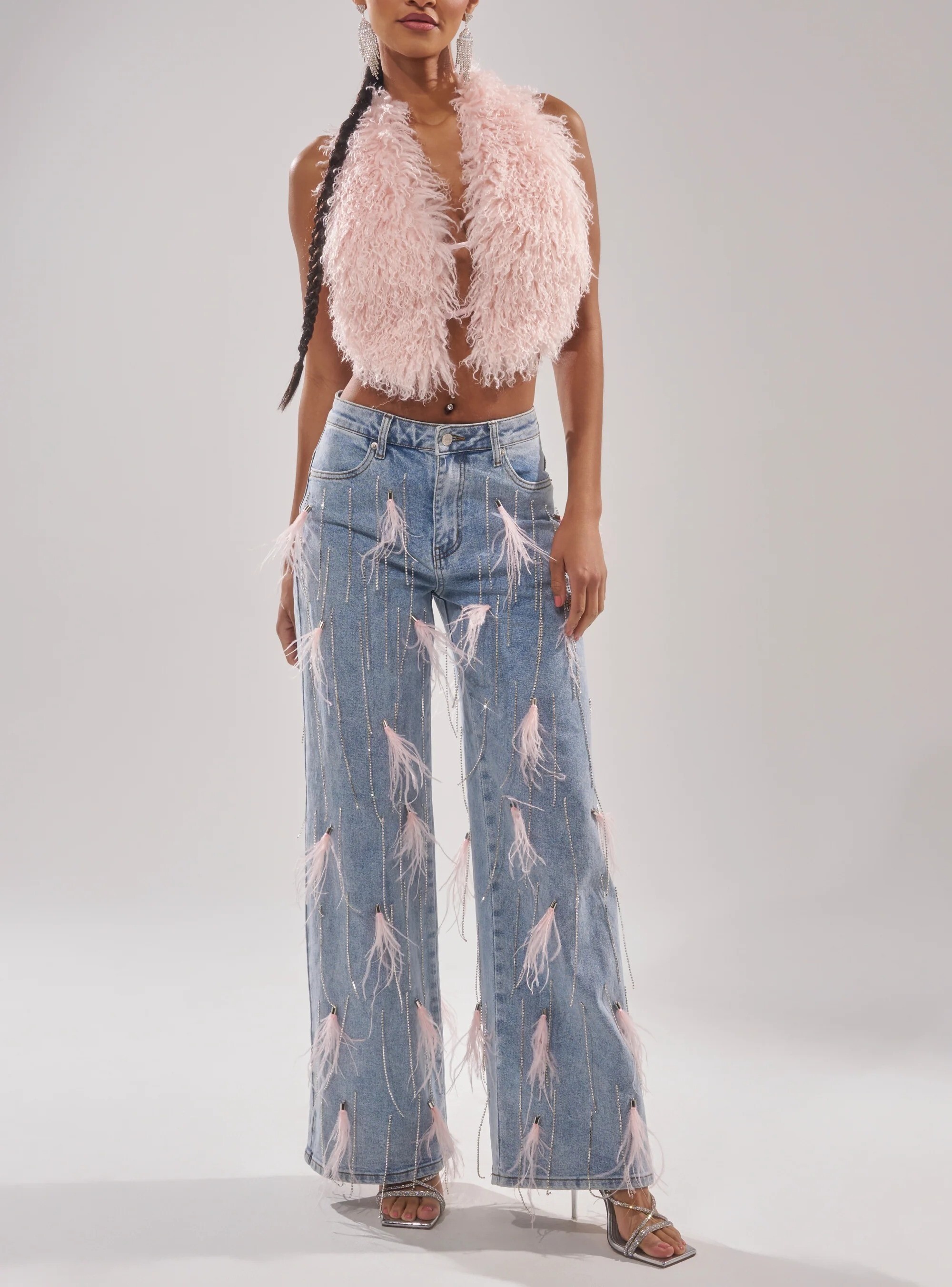 Pink Feather淺色丹寧粉紅羽毛水鑽流蘇牛仔褲