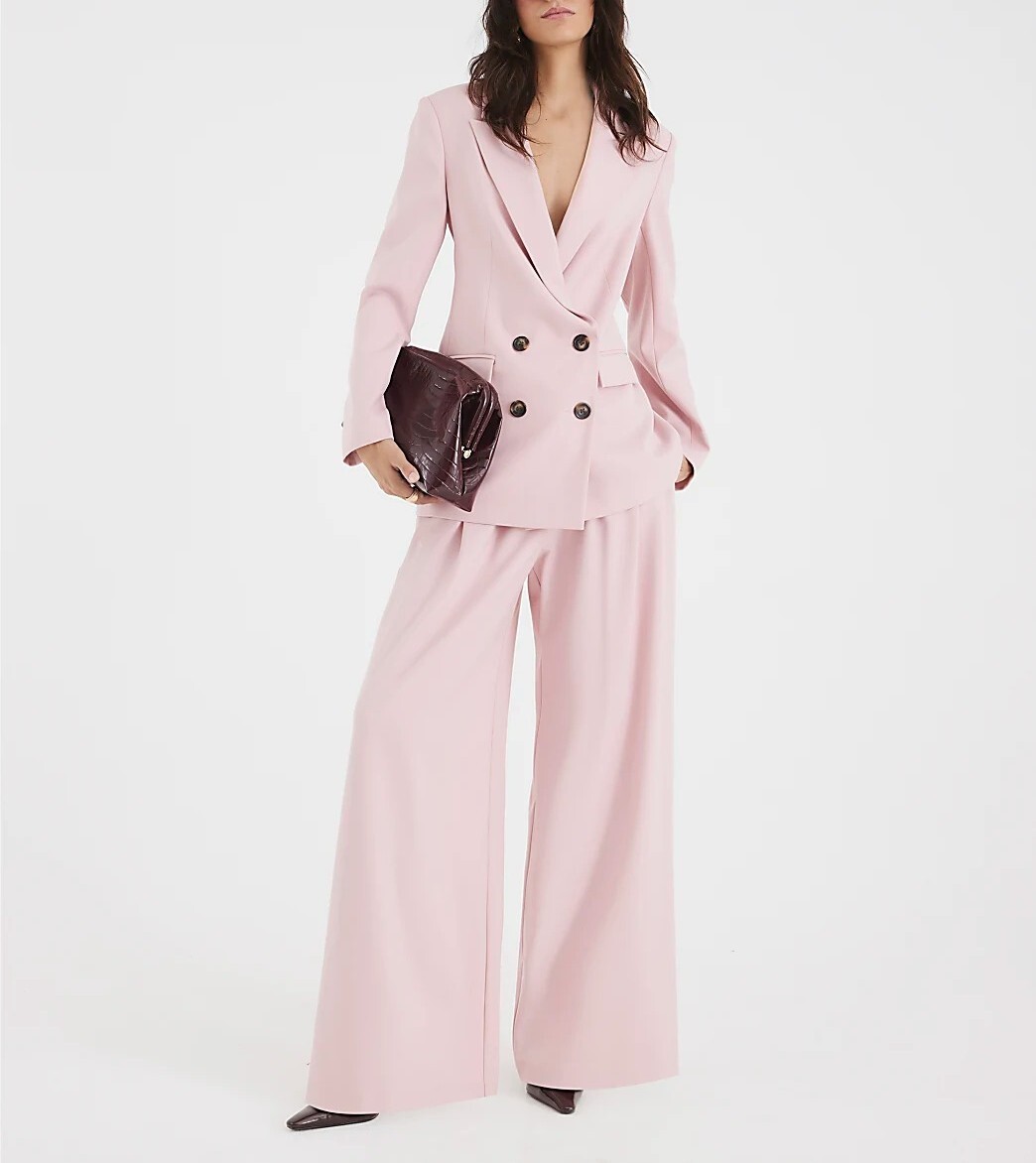 Light Pink粉紅色雙排扣西裝外套+ 高腰蝴蝶結腰帶長寬褲套裝
