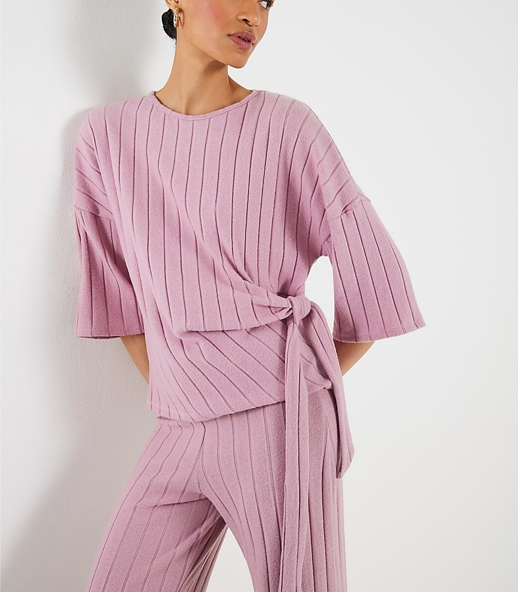 Rose Pink粉紅色針織綁結上衣+長寬褲套裝