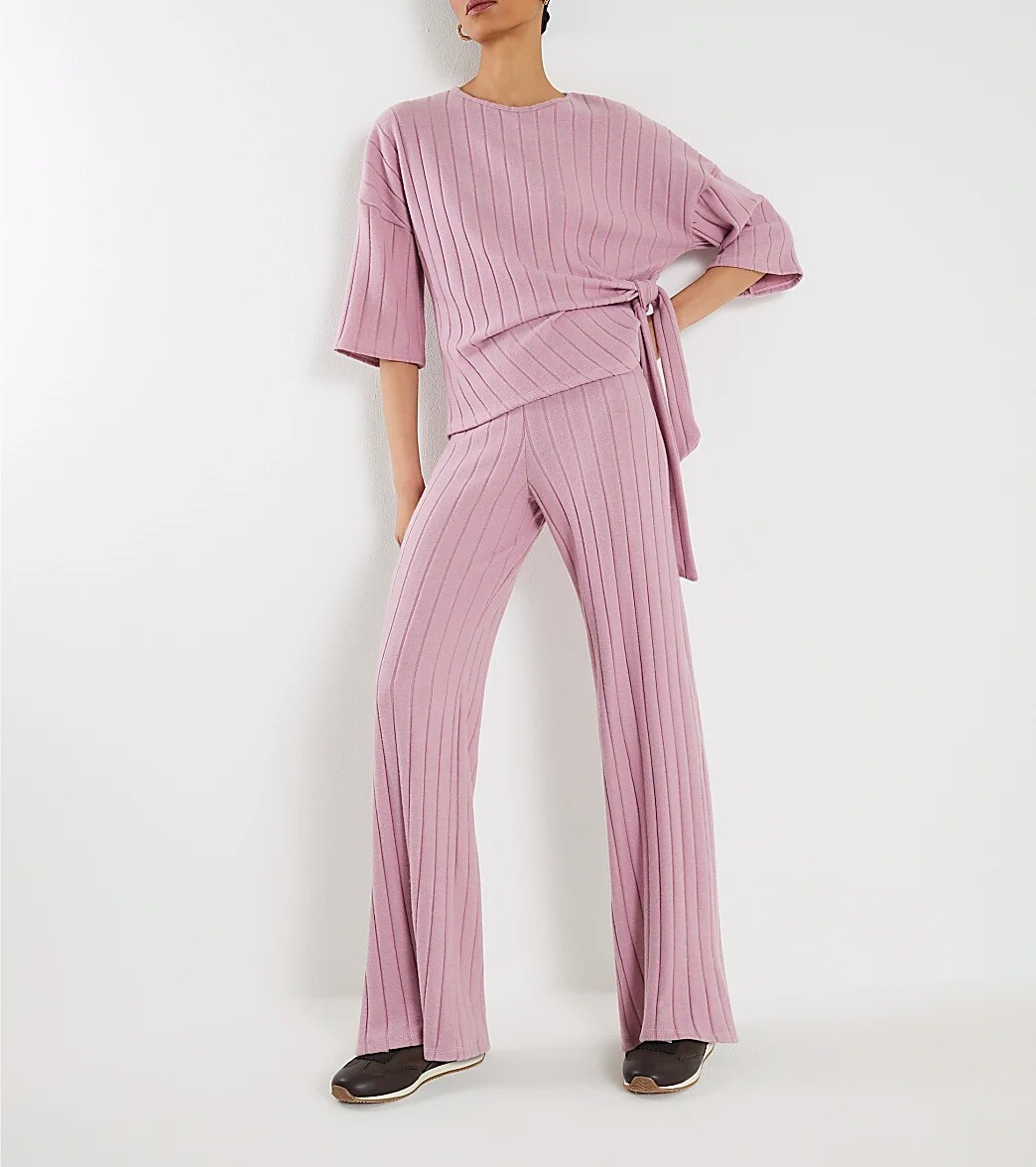 Rose Pink粉紅色針織綁結上衣+長寬褲套裝