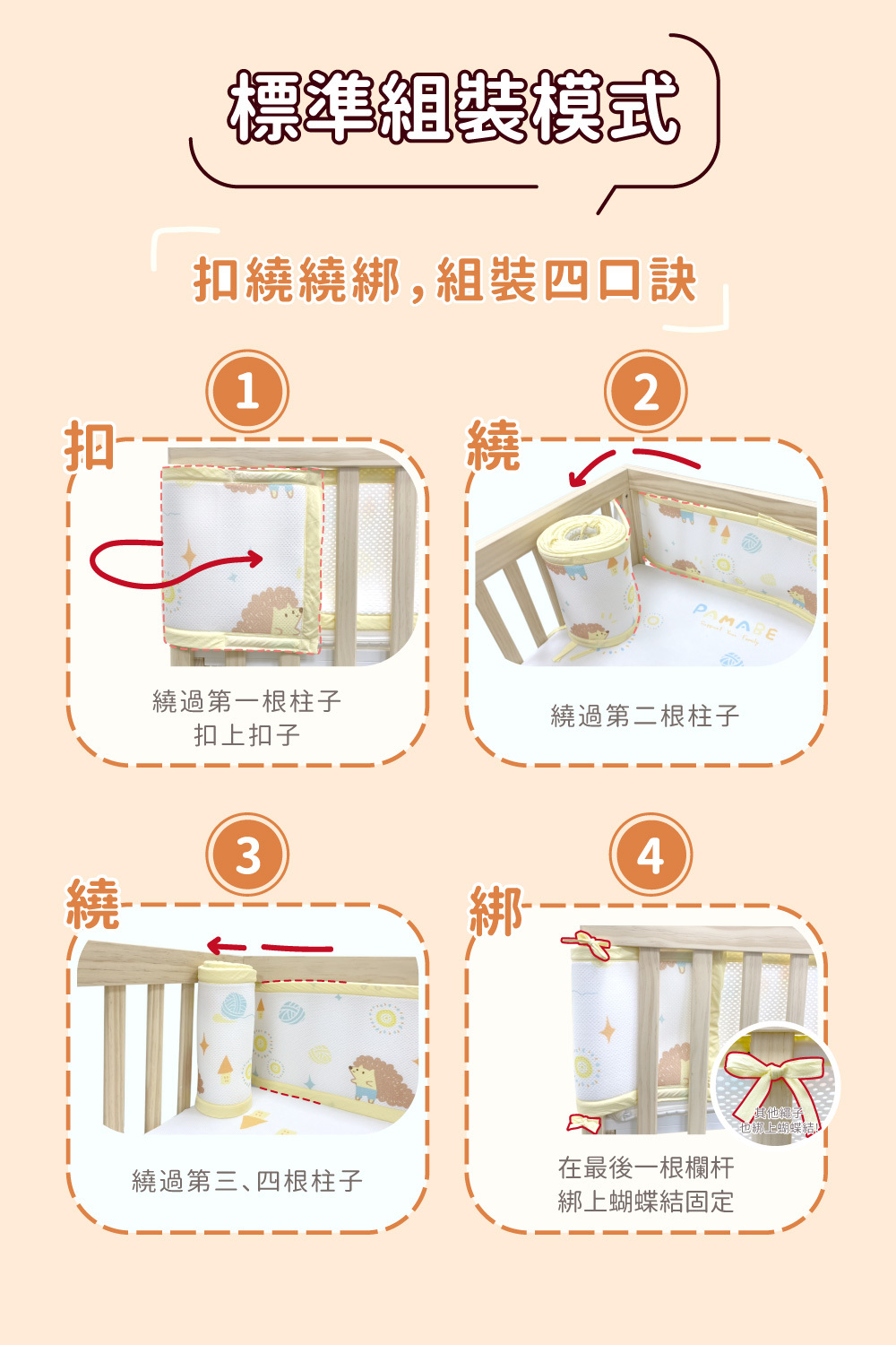 PAMABE 透氣床圍防護墊標準組裝教學,四步驟口訣「扣、繞、繞、綁」輕鬆固定於嬰兒床架,安裝簡單又穩固。