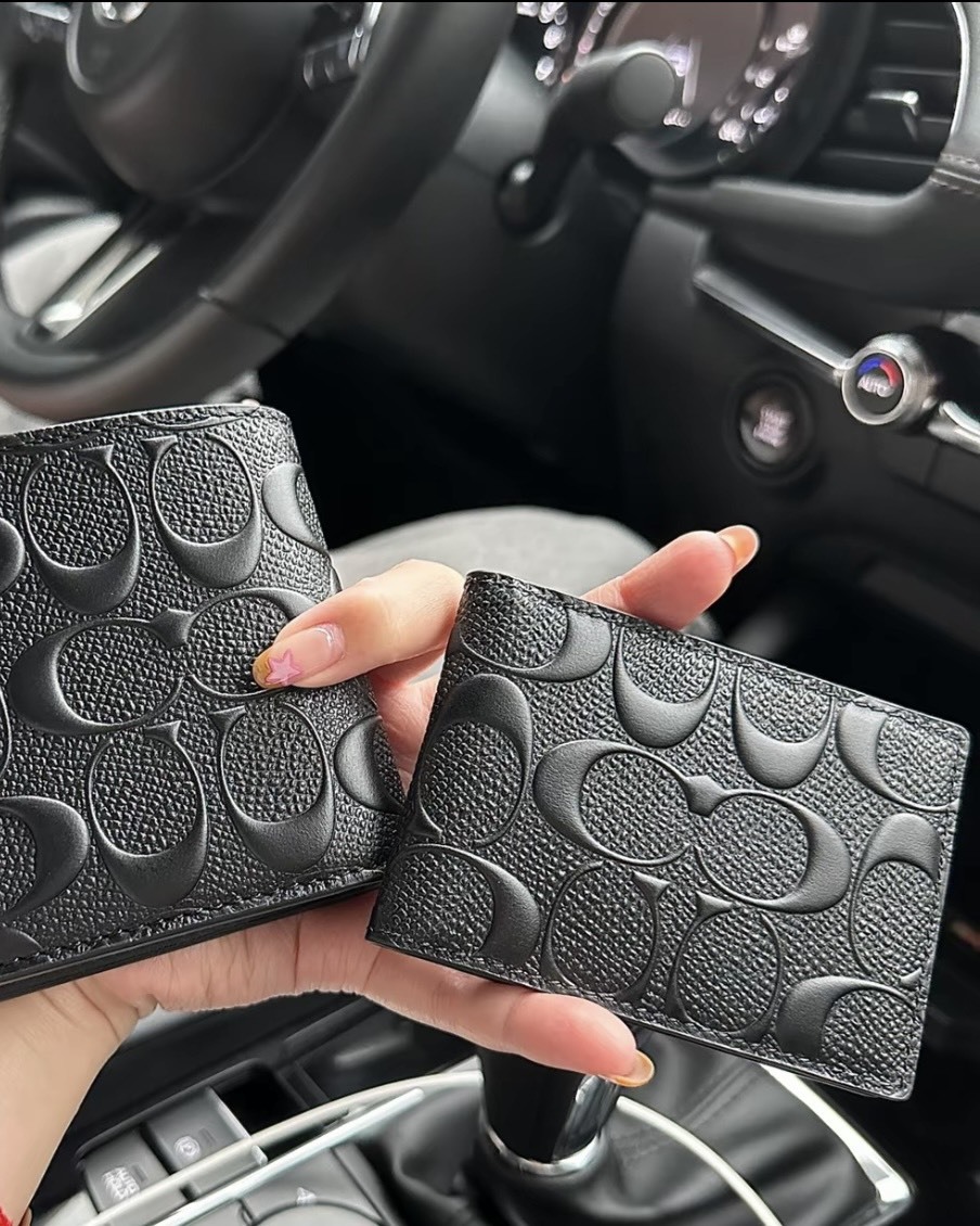 <送男友>COACH 3in1 wallet 防刮 牛皮革 LOGO 短夾 內附證件夾 黑色