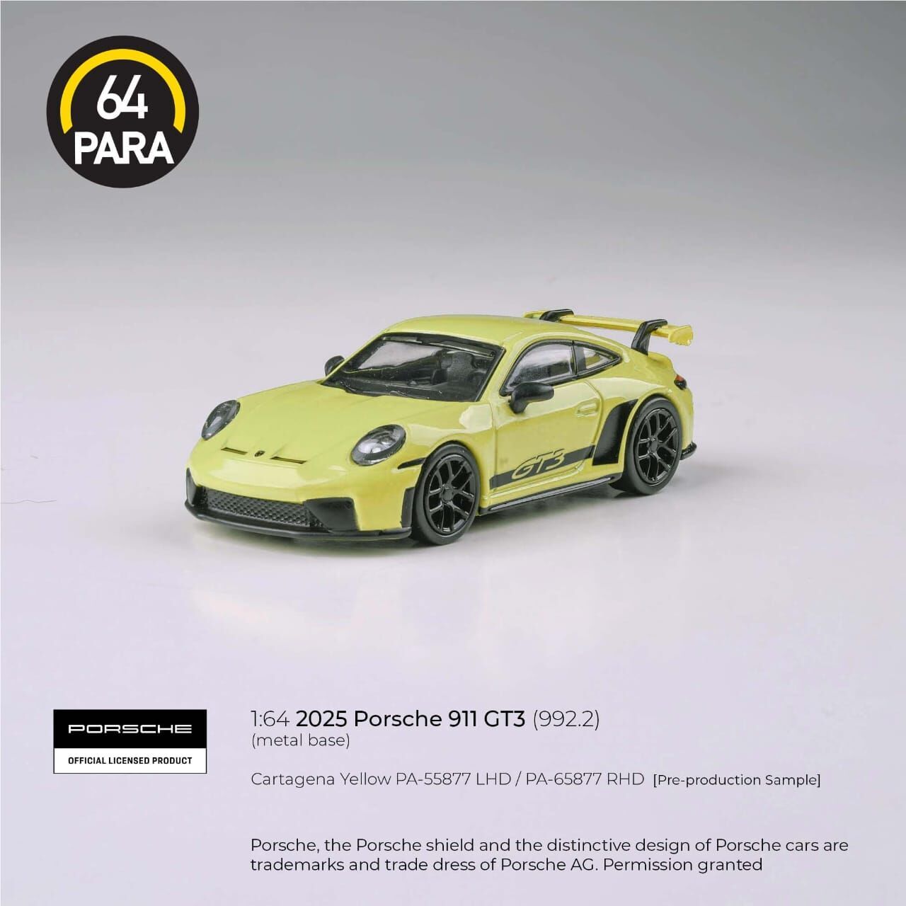 PO-$118 * PARA64 * 1:64 2025 PORSCHE 911 GT3(992.2) CARTAGENA YELLOW RHD