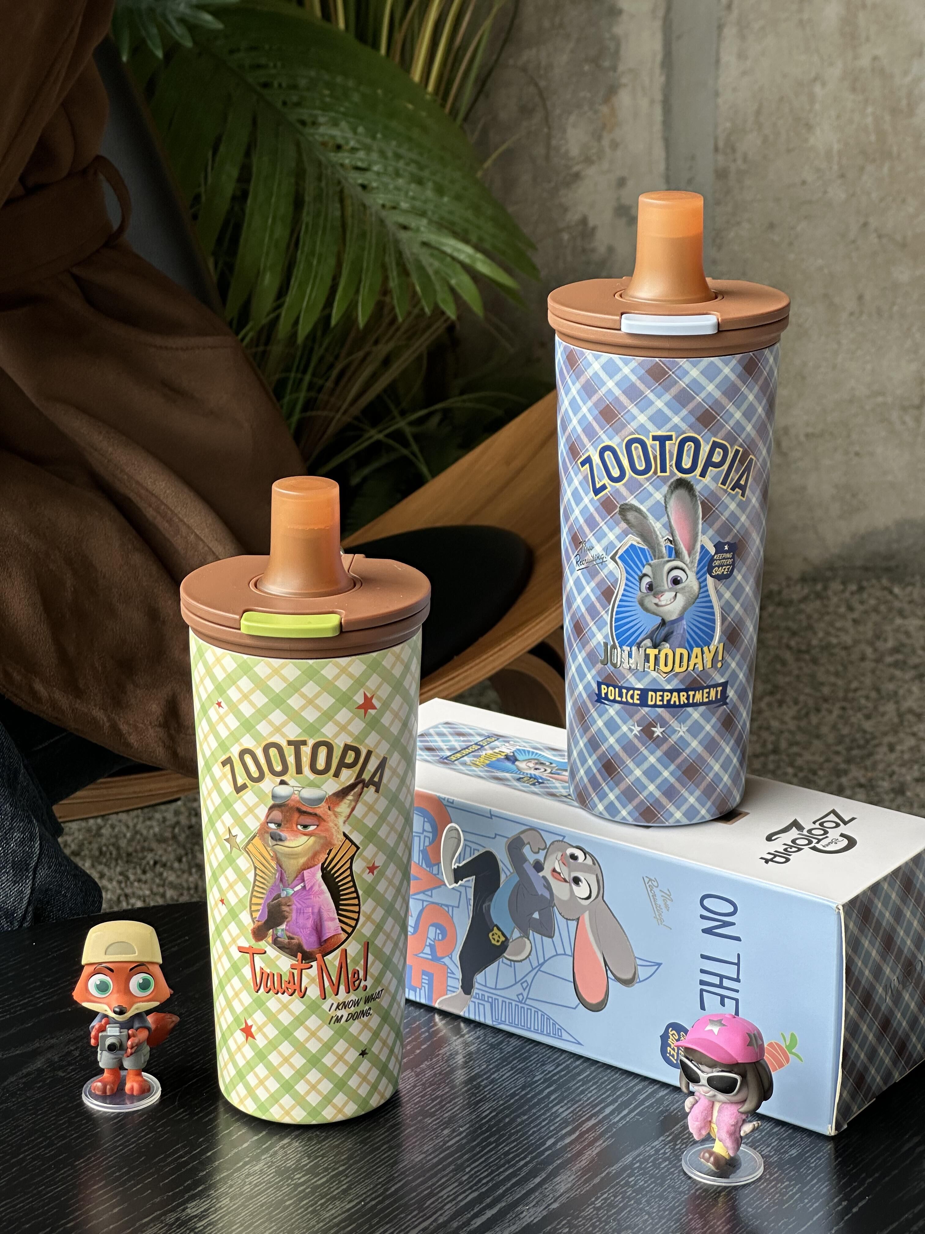 Disney 迪士尼 動物方城市 正版授權 菱格紋不銹鋼吸管杯 直飲杯 保溫杯 水壺 尼克 朱蒂 (任買兩件7-11免運)/現貨