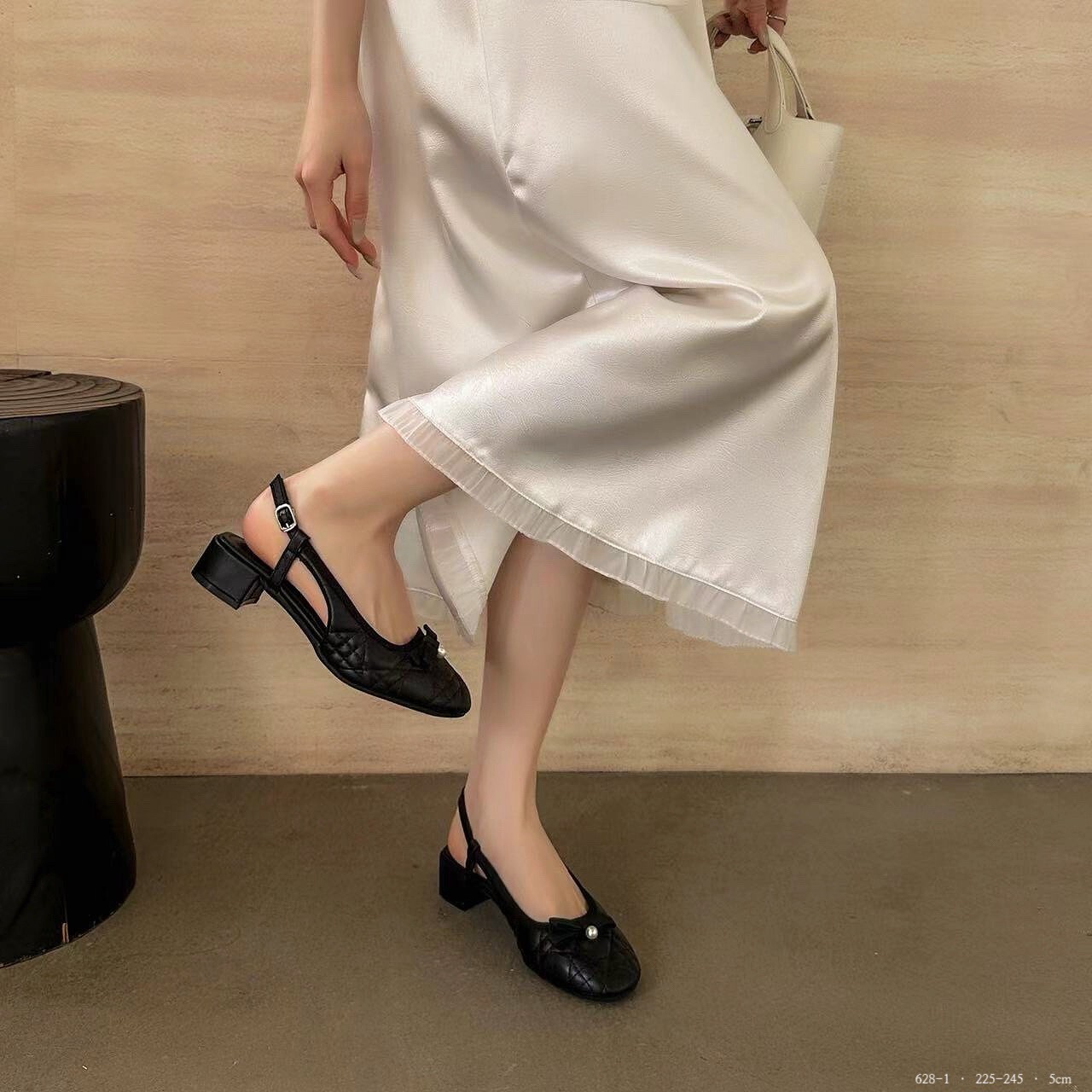 628-1韓國氣質珍珠蝴蝶結後空低跟鞋