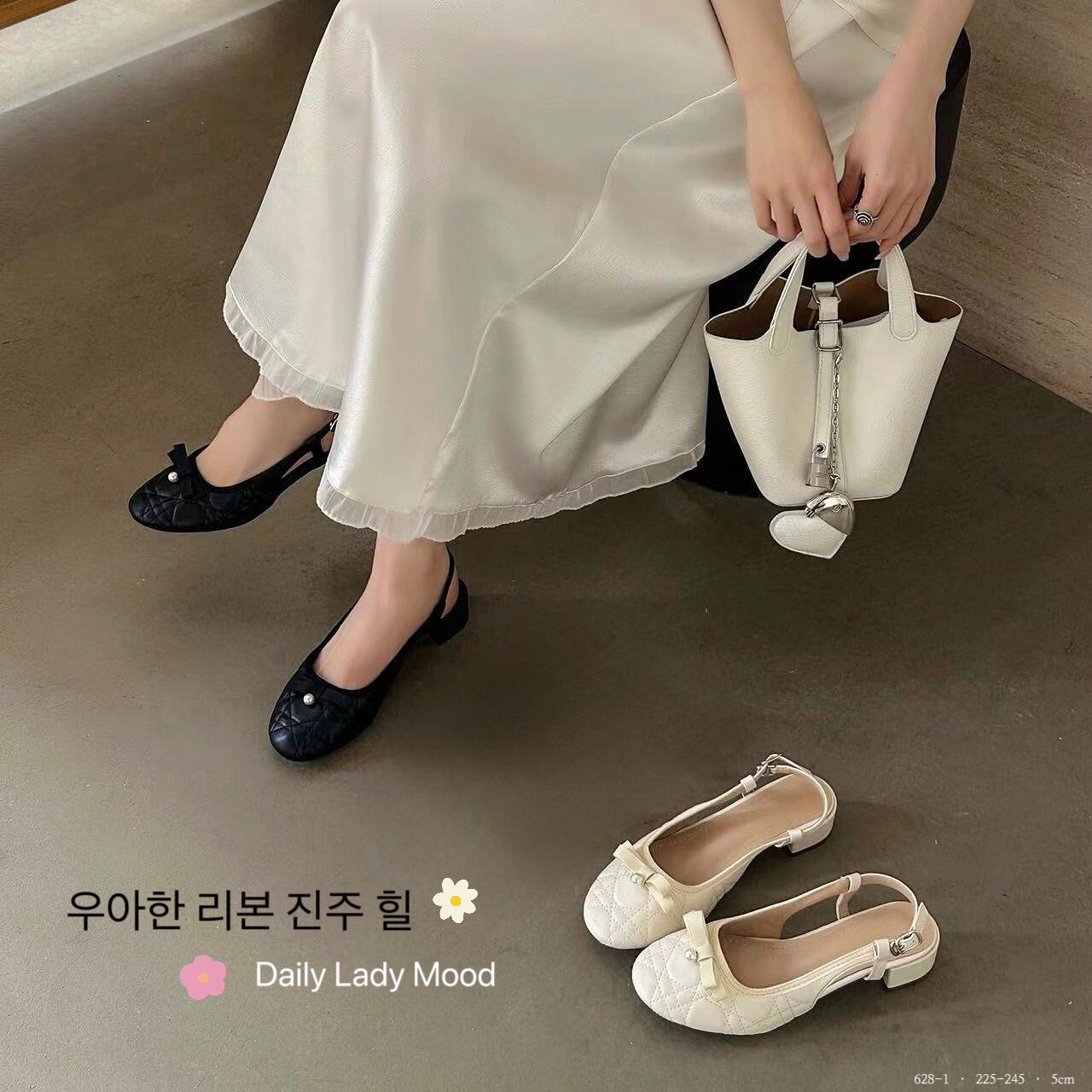 628-1韓國氣質珍珠蝴蝶結後空低跟鞋