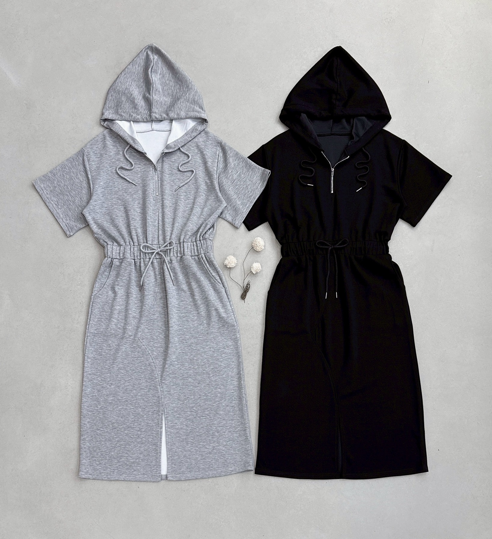 胸拉鍊縮腰開岔連帽長洋