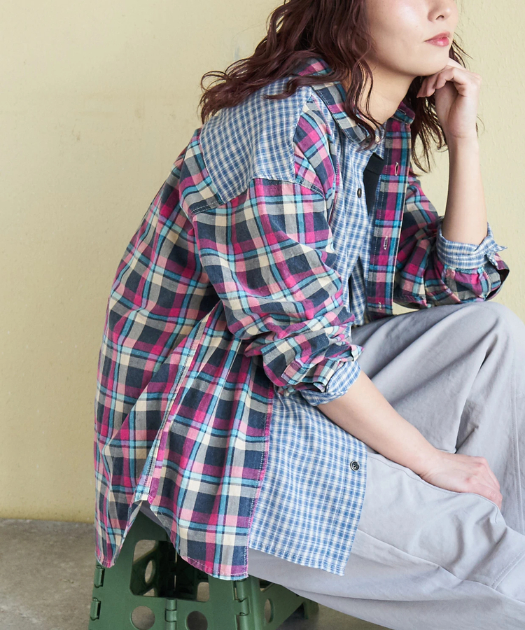 日本預訂 cube sugar CS Yarn-dyed Check Combination Acid-Processed Switching Oversized Shirt