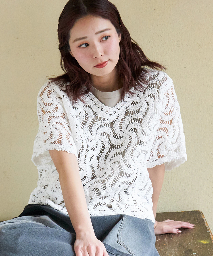 日本預訂 cube sugar CS Lace V-neck Pullover