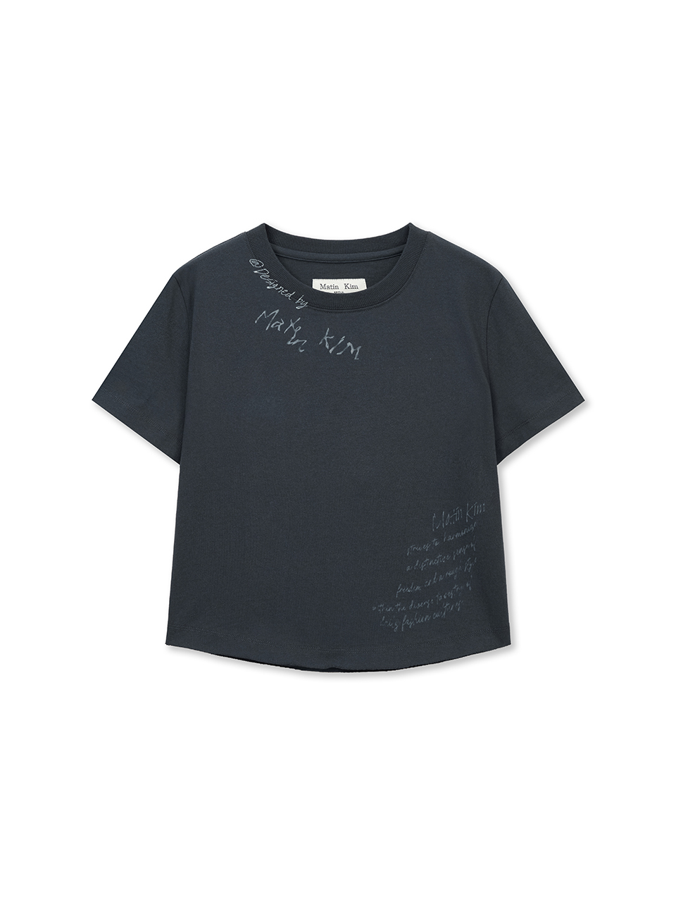 GRAFFITI ROUND HEM CROP TOP IN NAVY