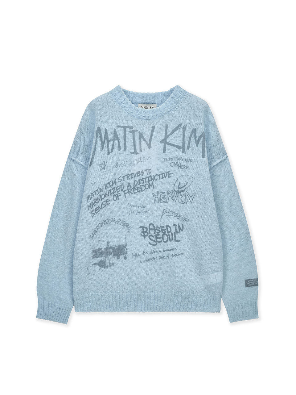 GRAFFITI ARTWORK KNIT PULLOVER IN LIGHT BLUE