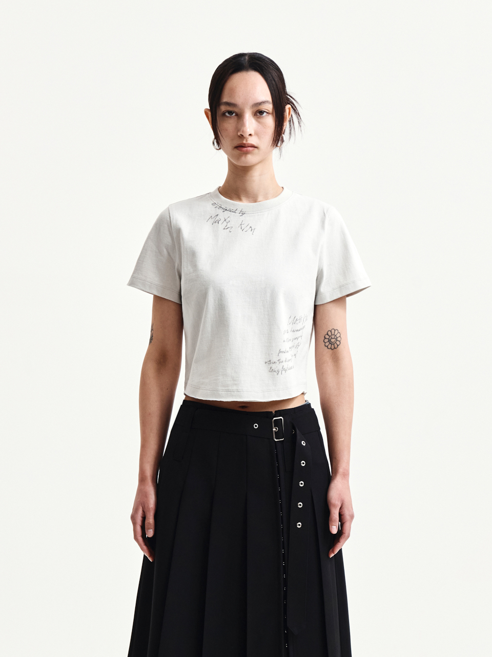 GRAFFITI ROUND HEM CROP TOP IN CREAM