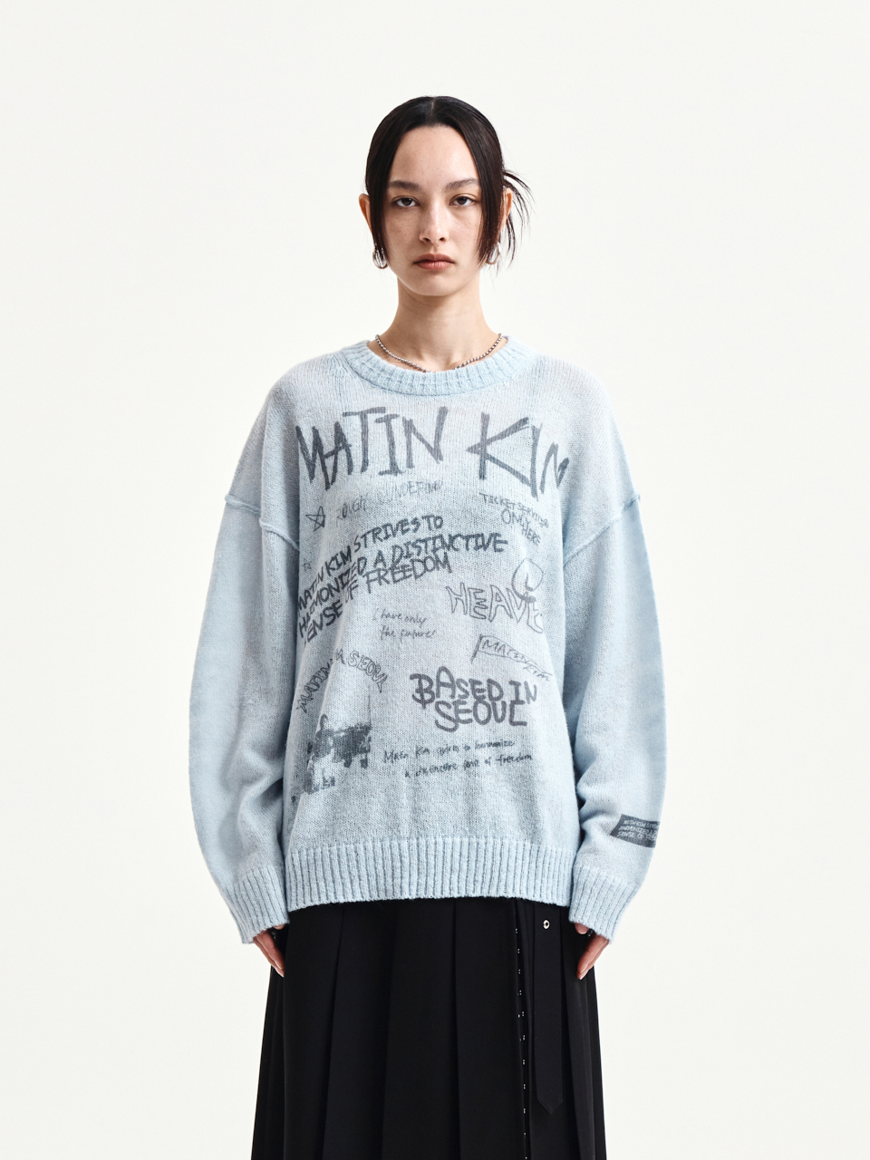 GRAFFITI ARTWORK KNIT PULLOVER IN LIGHT BLUE
