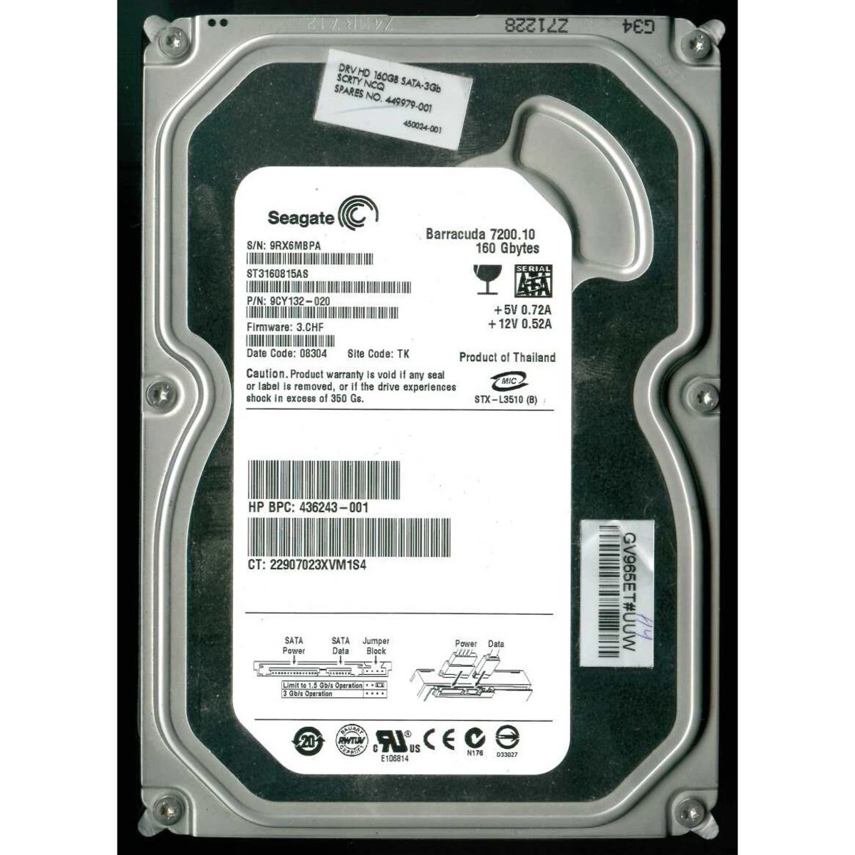 ST3160815AS SEAGATE 3.5" 160GB 7200 RPM 8MB SATA HDD (翻新)