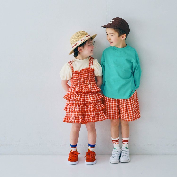 日本 90-140 紗線染格紋荷葉短褲 4色