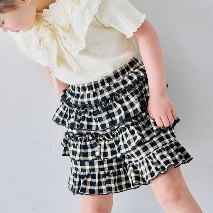 日本 90-140 紗線染格紋荷葉短褲 4色