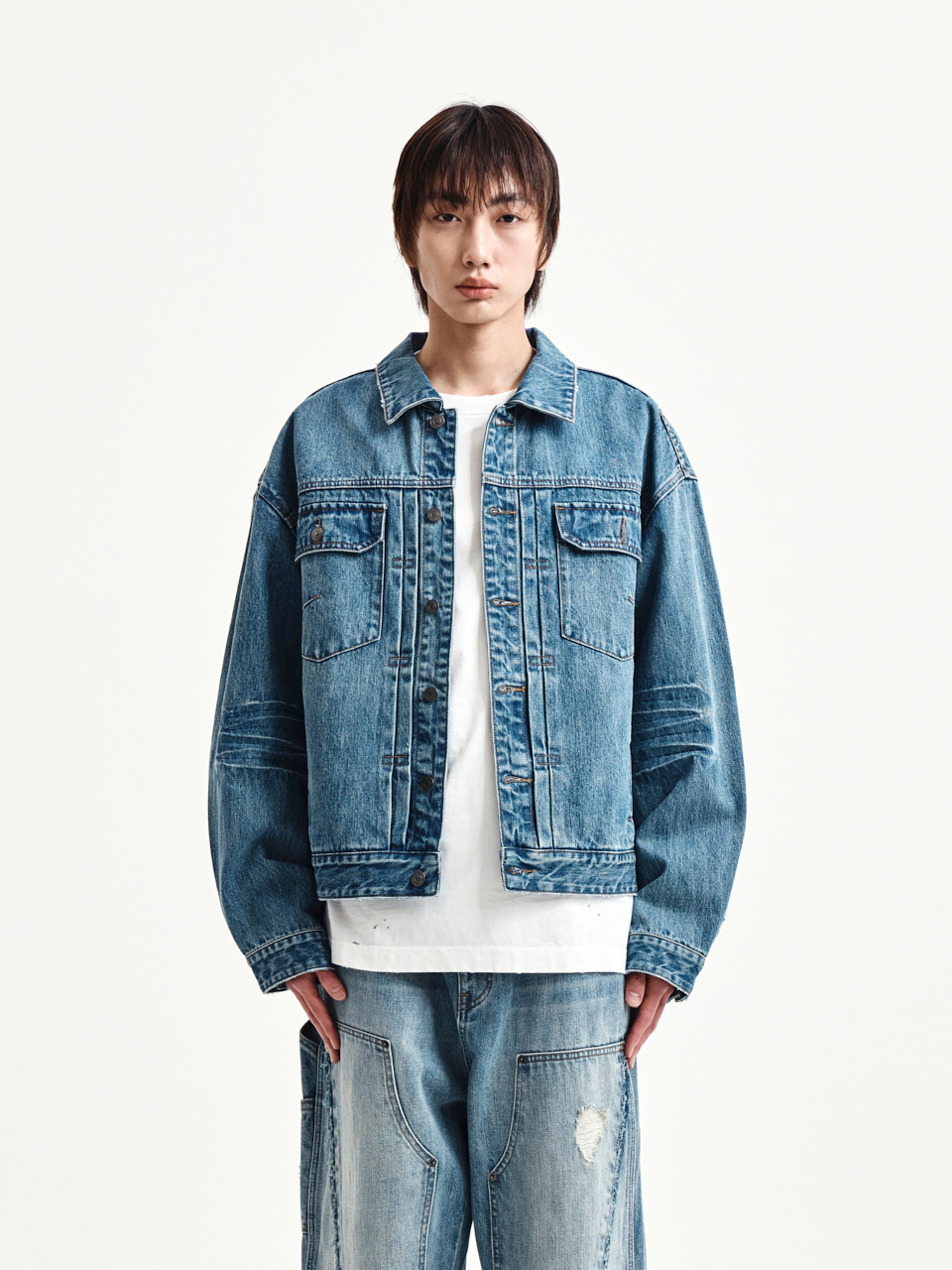 VINTAGE WASHED DENIM TRUCKER FOR MEN IN BLUE