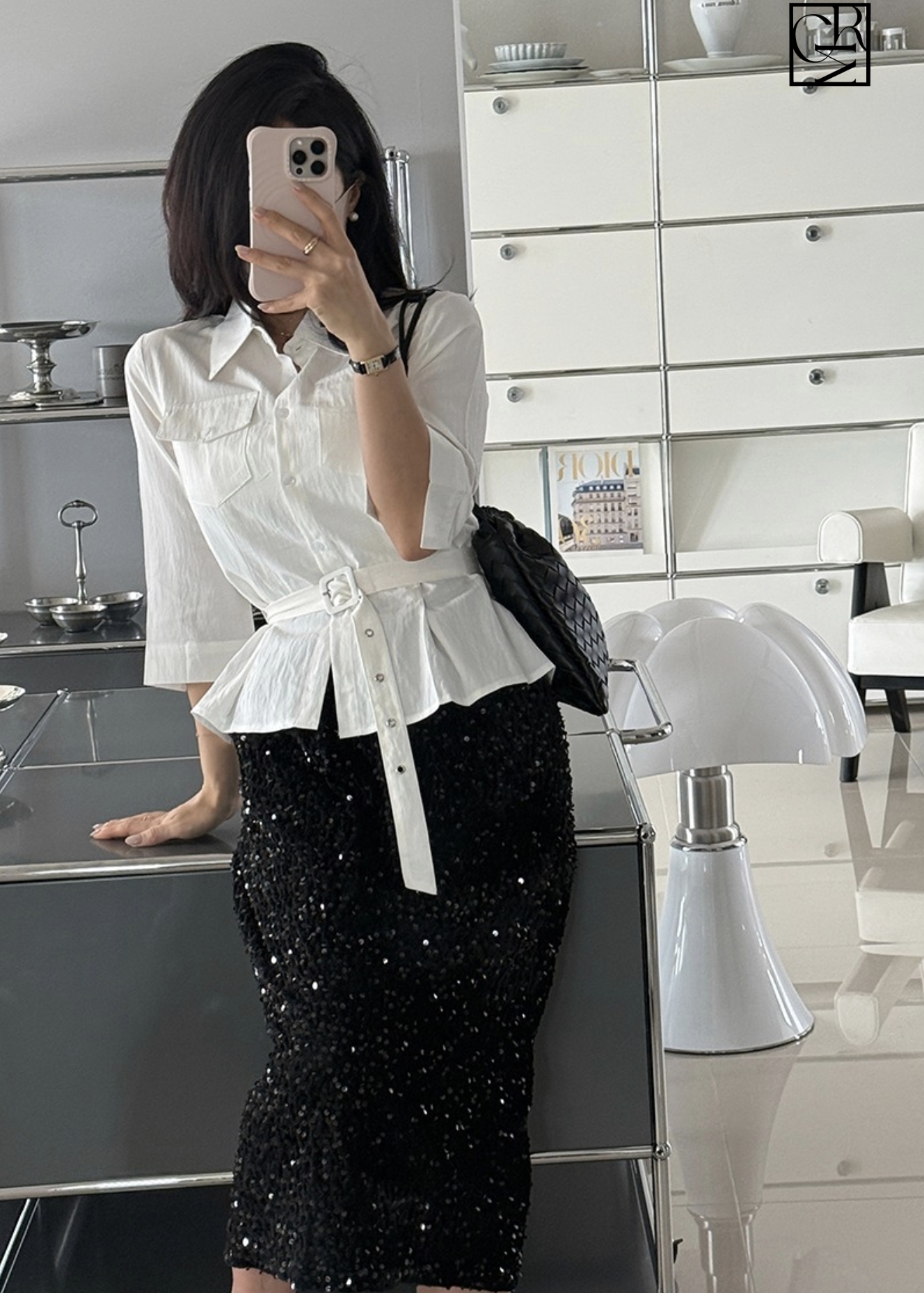 翻蓋假口袋翻領排釦收腰上衣-附腰帶 / 2色