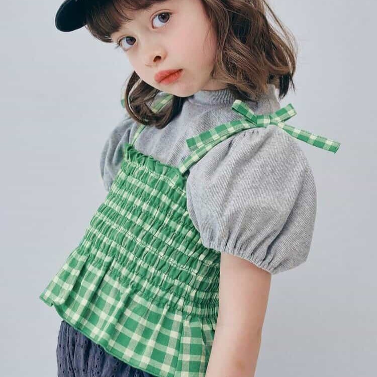 日本 90-140 紗線染格紋背心+上衣 4色