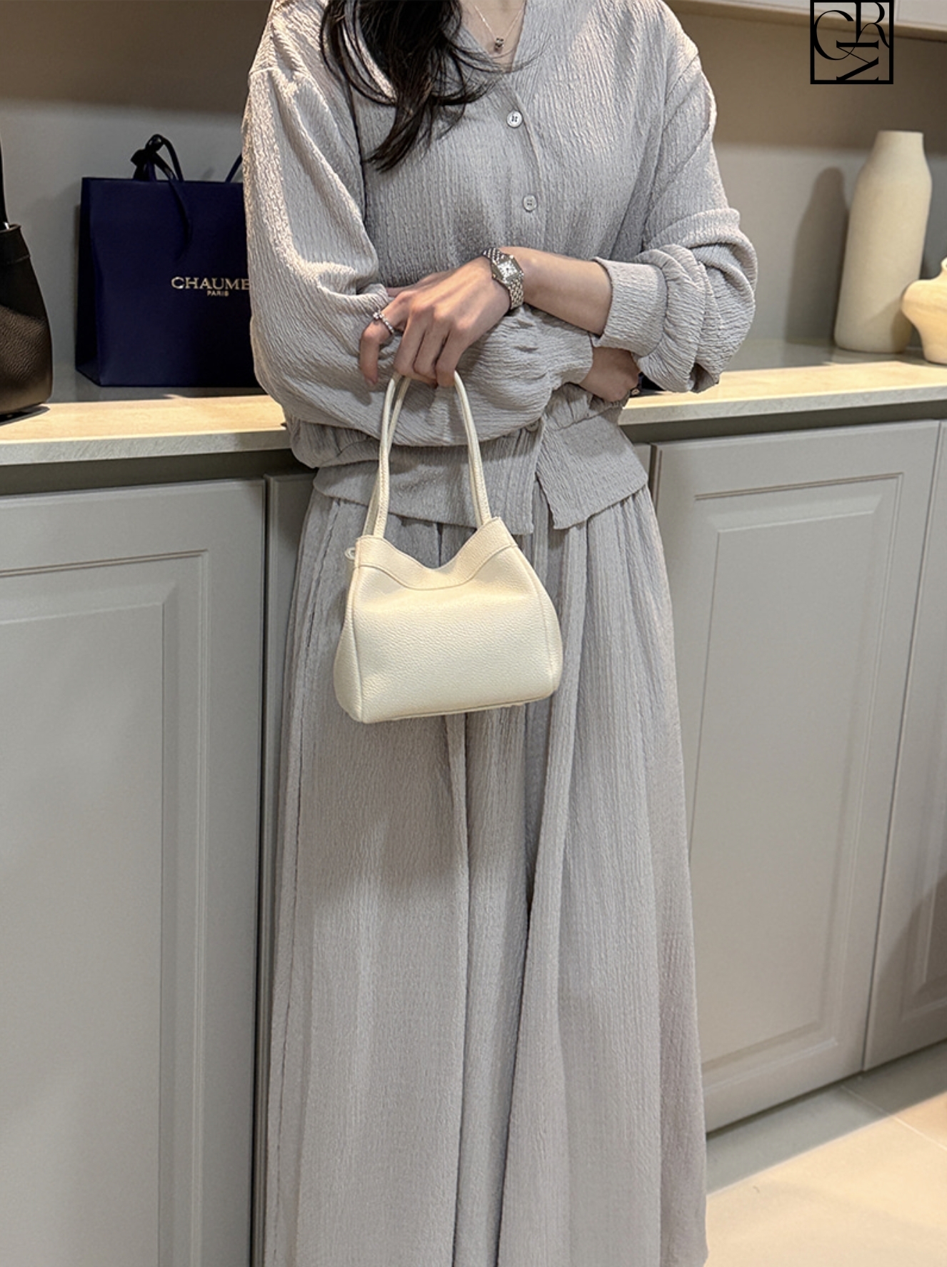 織紋感排釦V領上衣罩衫+長裙SET / 3色